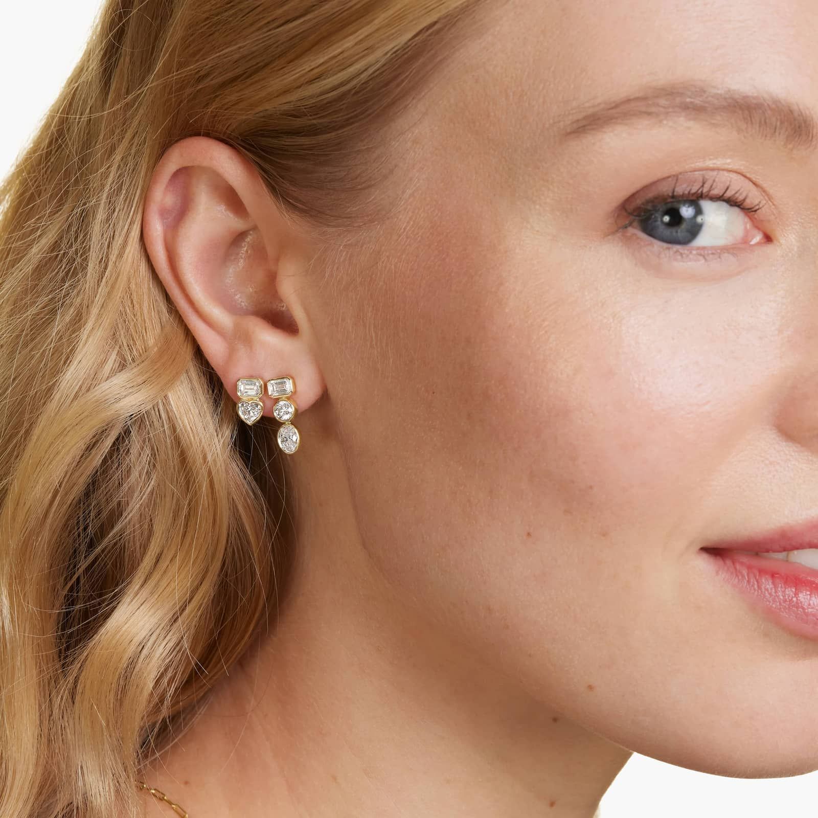 Fancy Bezel Drop Earrings With Emerald Cut, Round, and Oval Cut Lab-Grown Diamonds In 14K Yellow Gold