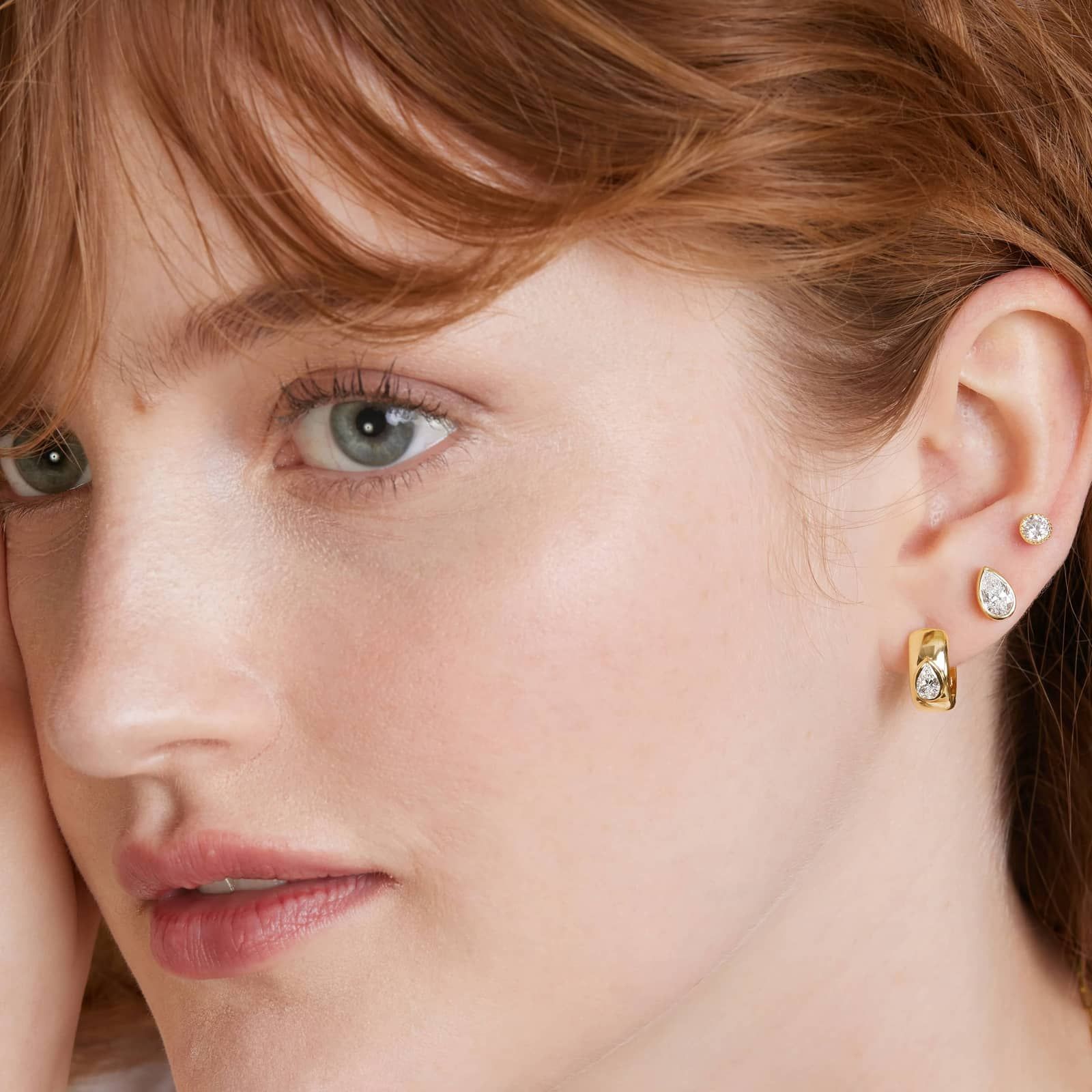 14K Yellow Gold Fancy Bezels Lab Grown Pear Diamond Huggie Hoop Earrings