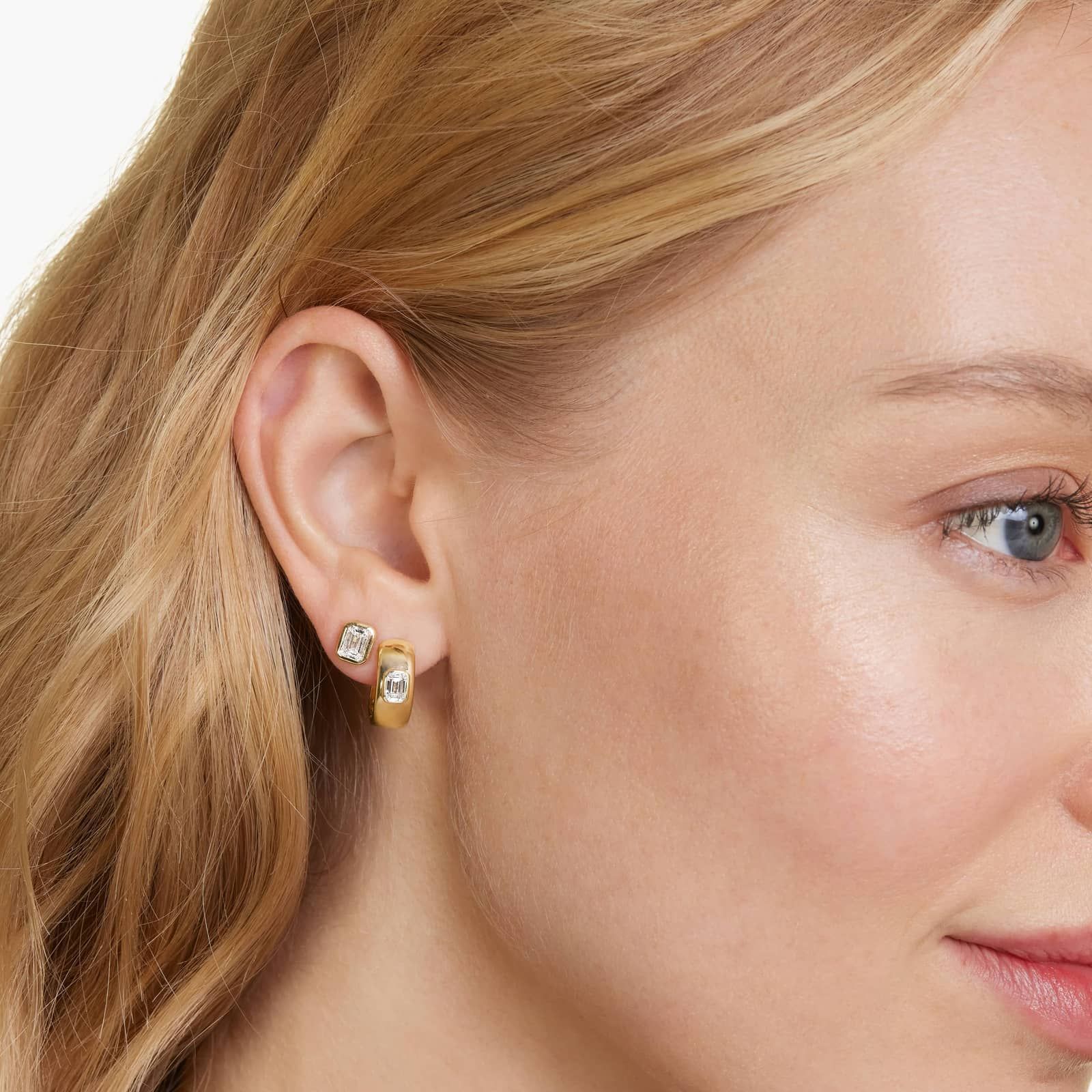 14K Yellow Gold Fancy Bezels Lab Grown Emerald Diamond Stud Earrings