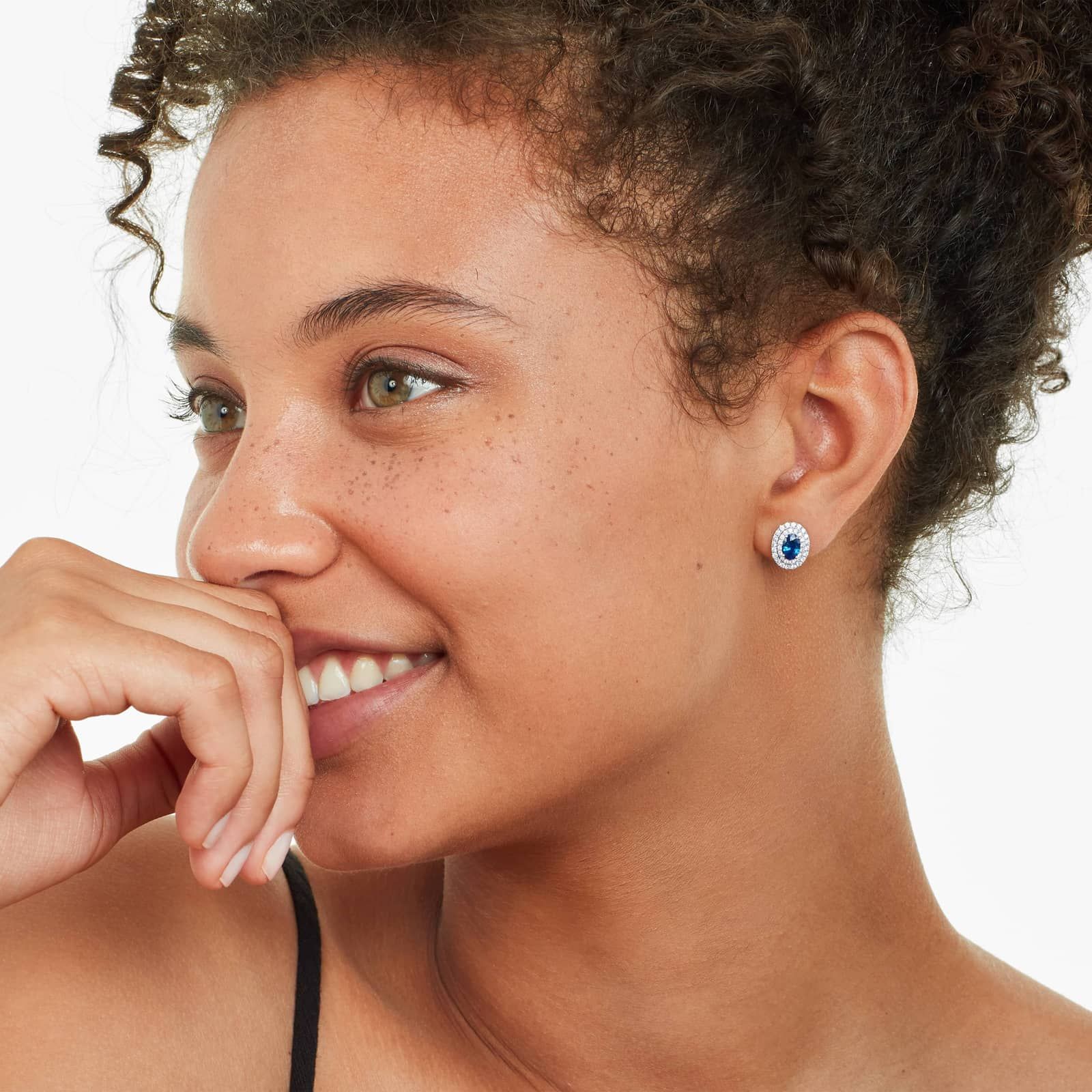 Oval Cut Sapphire And Diamond Double Halo Earrings In 18K White Gold