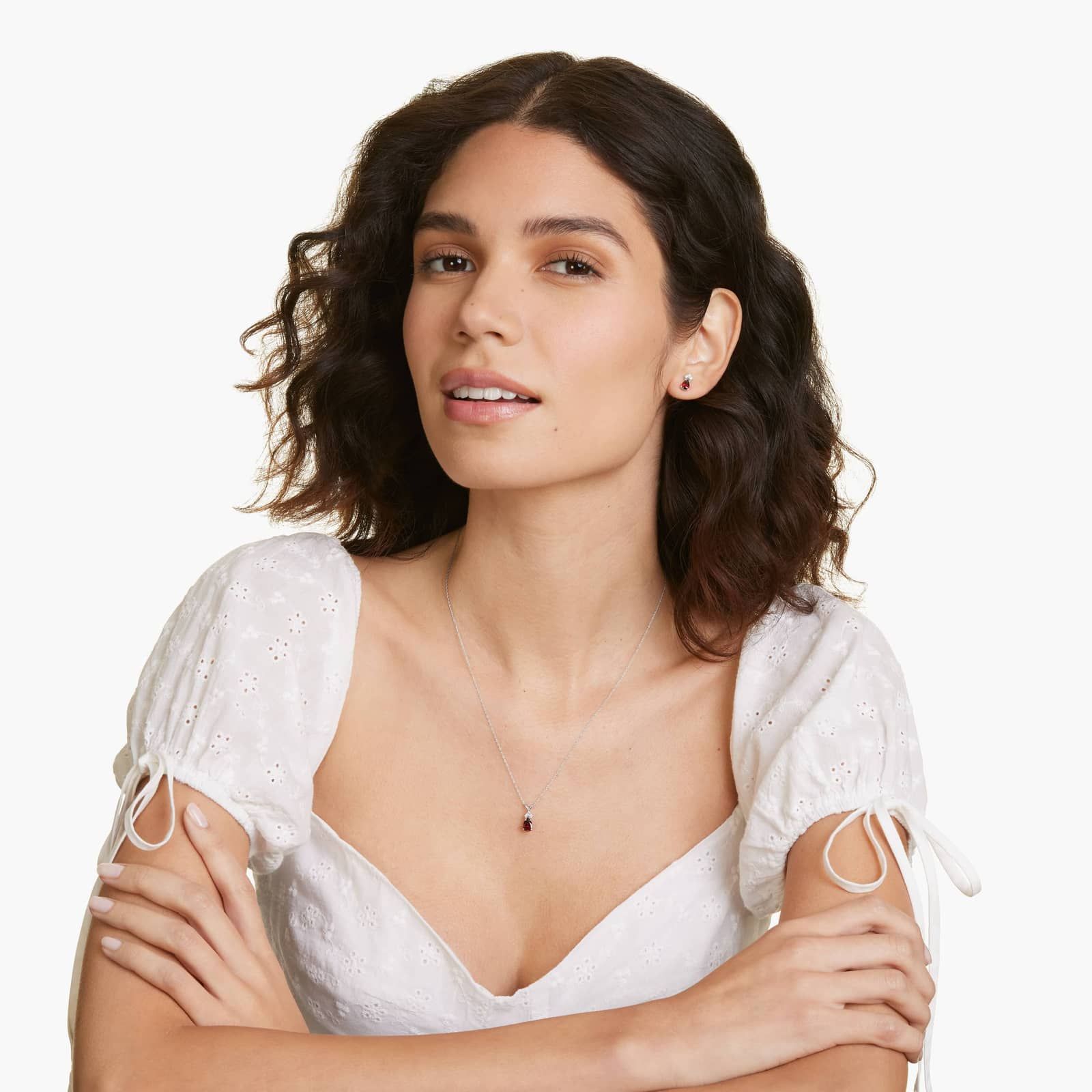 Pear Shape Garnet And Tri-Diamond Stud Earrings In 14K White Gold