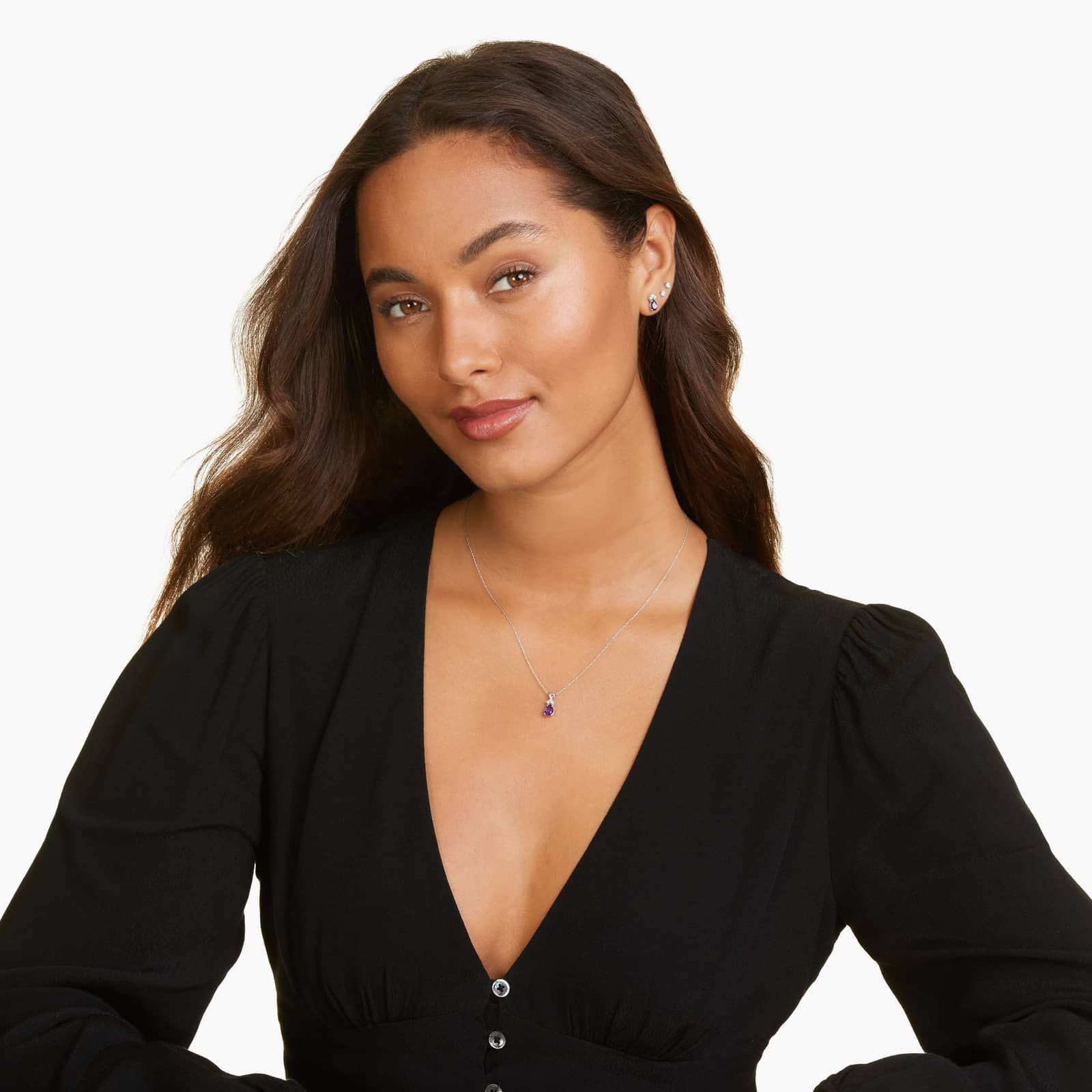 Pear Shape Amethyst And Tri-Diamond Stud Earrings In 14K White Gold