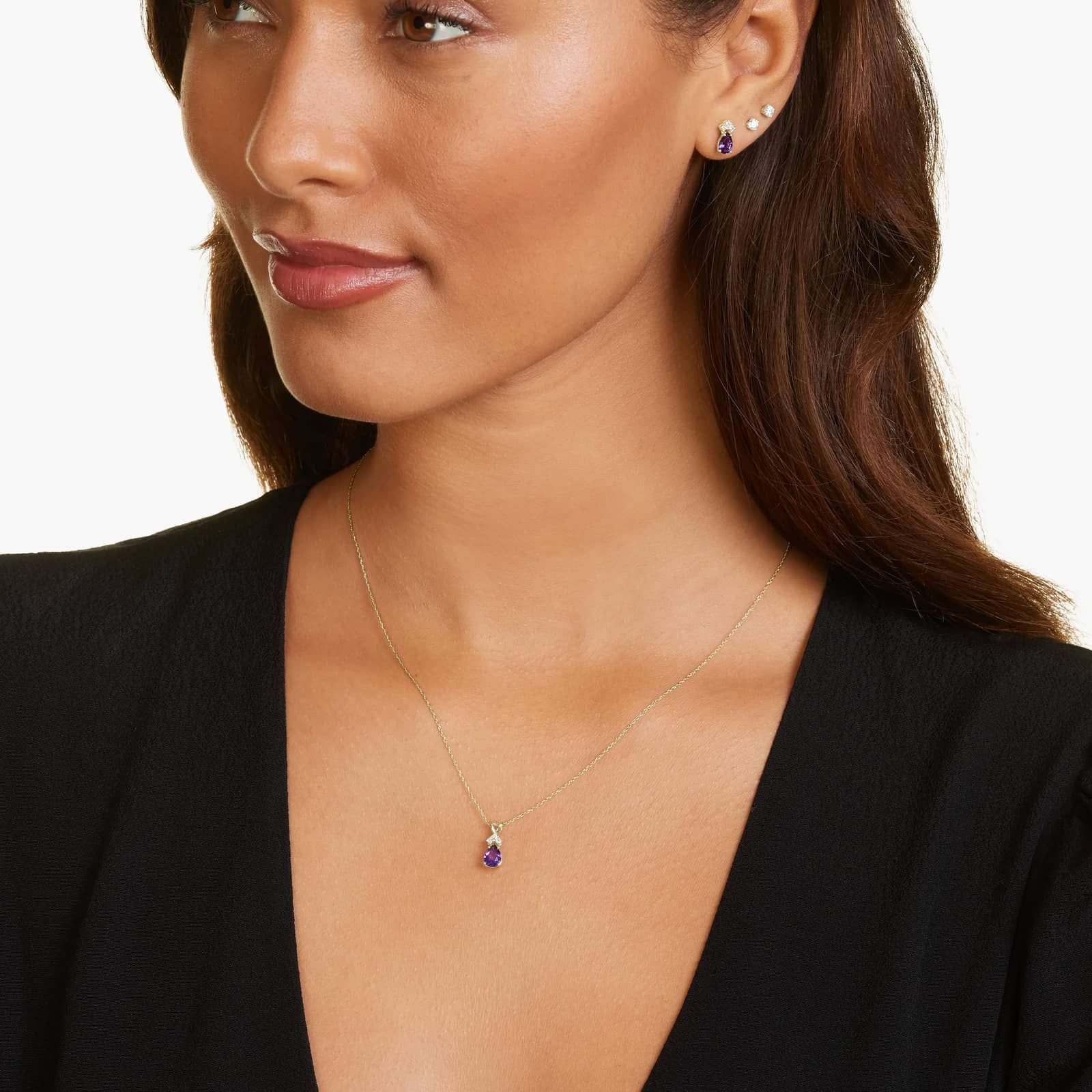 Pear Shape Amethyst And Tri-Diamond Stud Earrings In 14K Yellow Gold