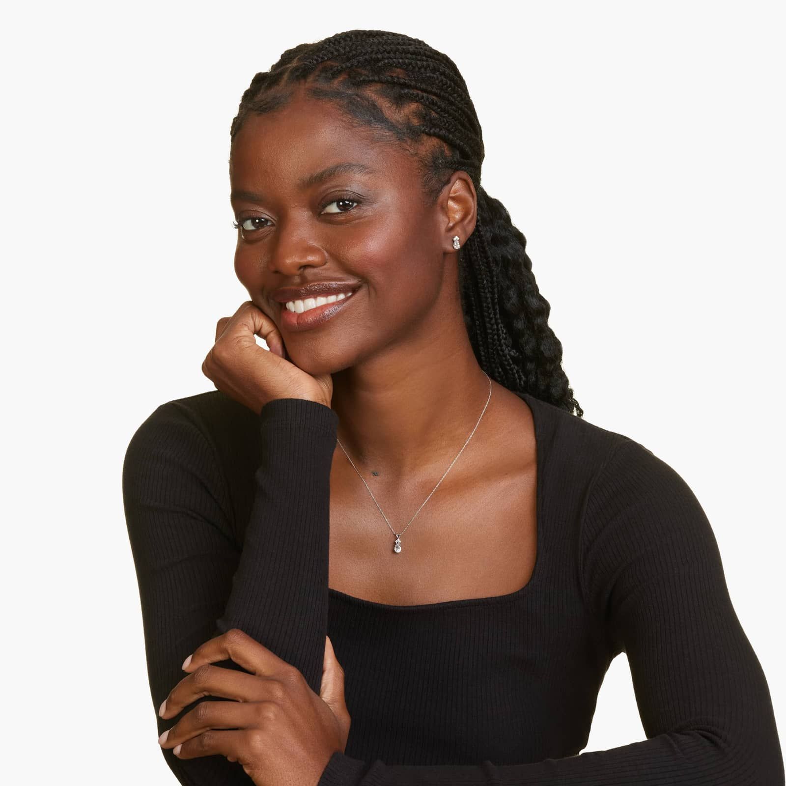 Pear Shape White Topaz And Tri-Diamond Stud Earrings In 14K White Gold