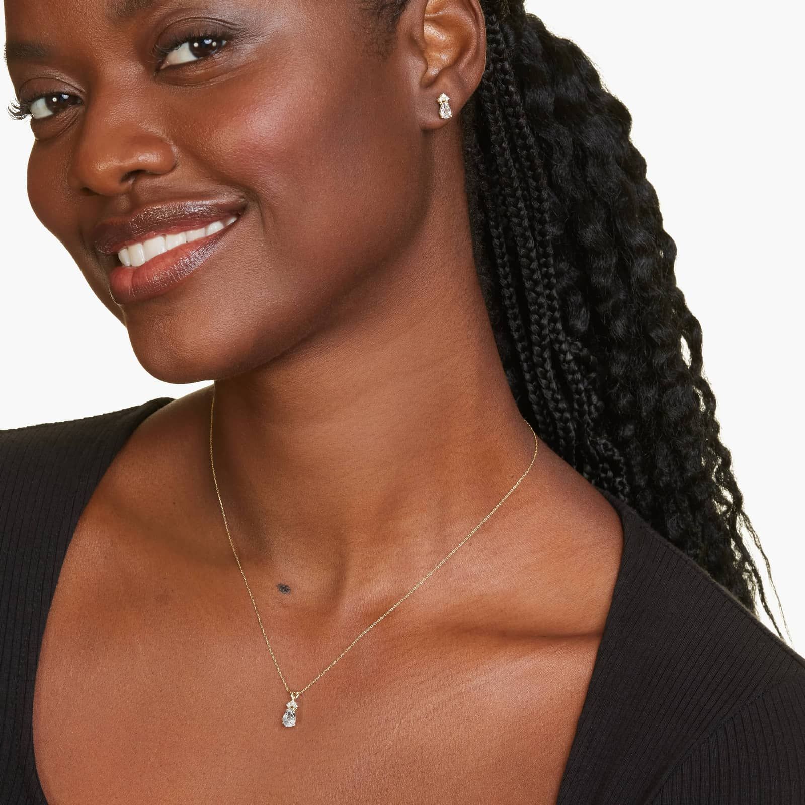 Pear Shape White Topaz And Tri-Diamond Stud Earrings In 14K Yellow Gold