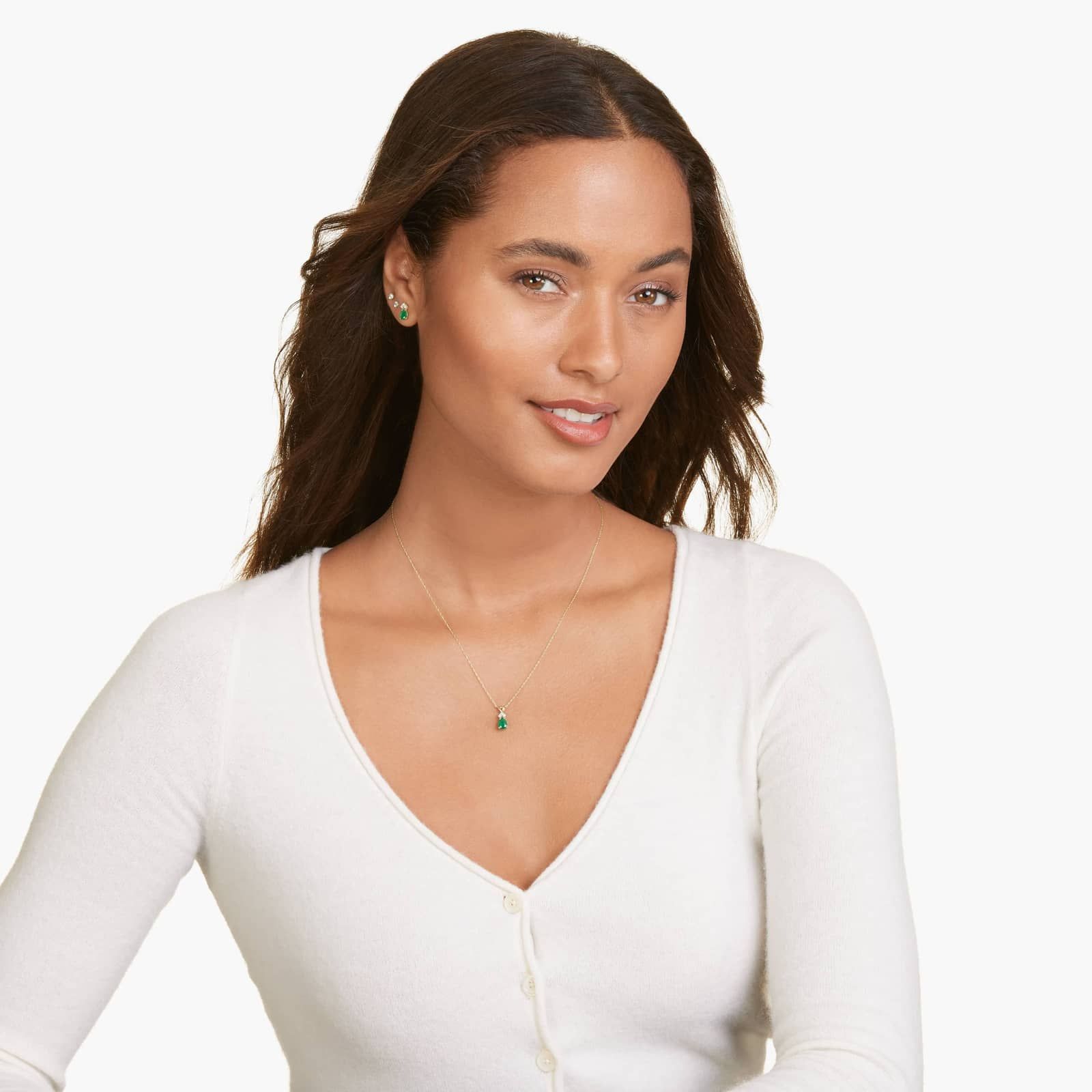 Pear Shape Emerald And Tri-Diamond Stud Earrings In 14K Yellow Gold