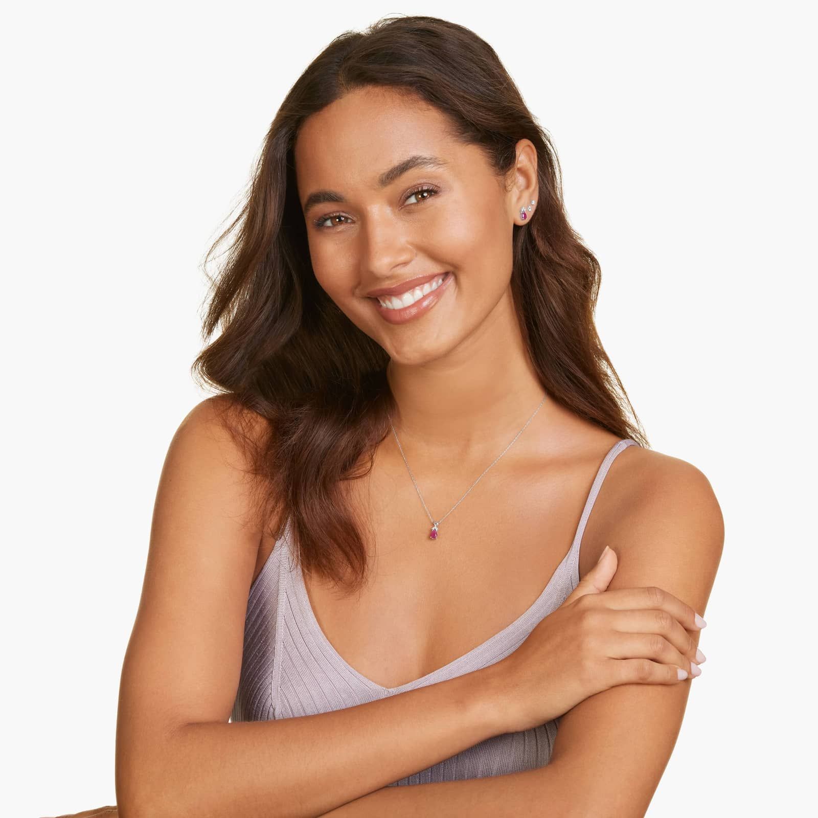 Pear Shape Ruby And Tri-Diamond Stud Earrings In 14K White Gold