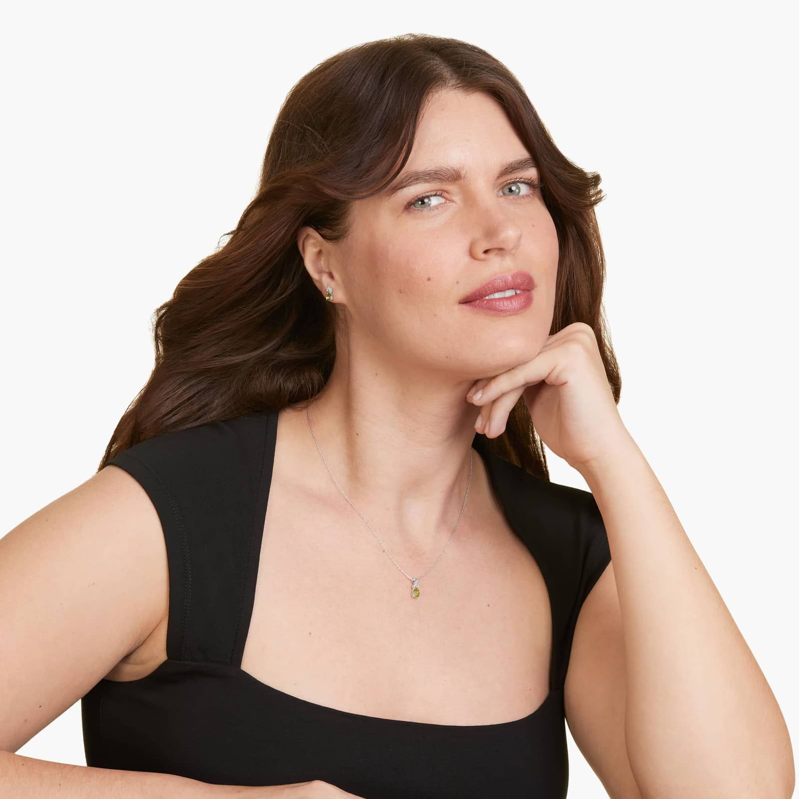 Pear Shape Peridot And Tri-Diamond Stud Earrings In 14K White Gold