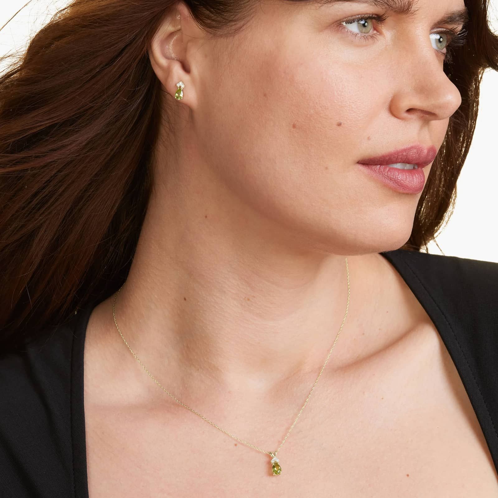Pear Shape Peridot And Tri-Diamond Stud Earrings In 14K Yellow Gold