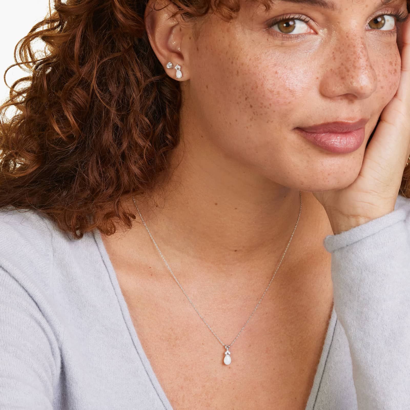 Pear Shape Opal And Tri-Diamond Stud Earrings In 14K White Gold