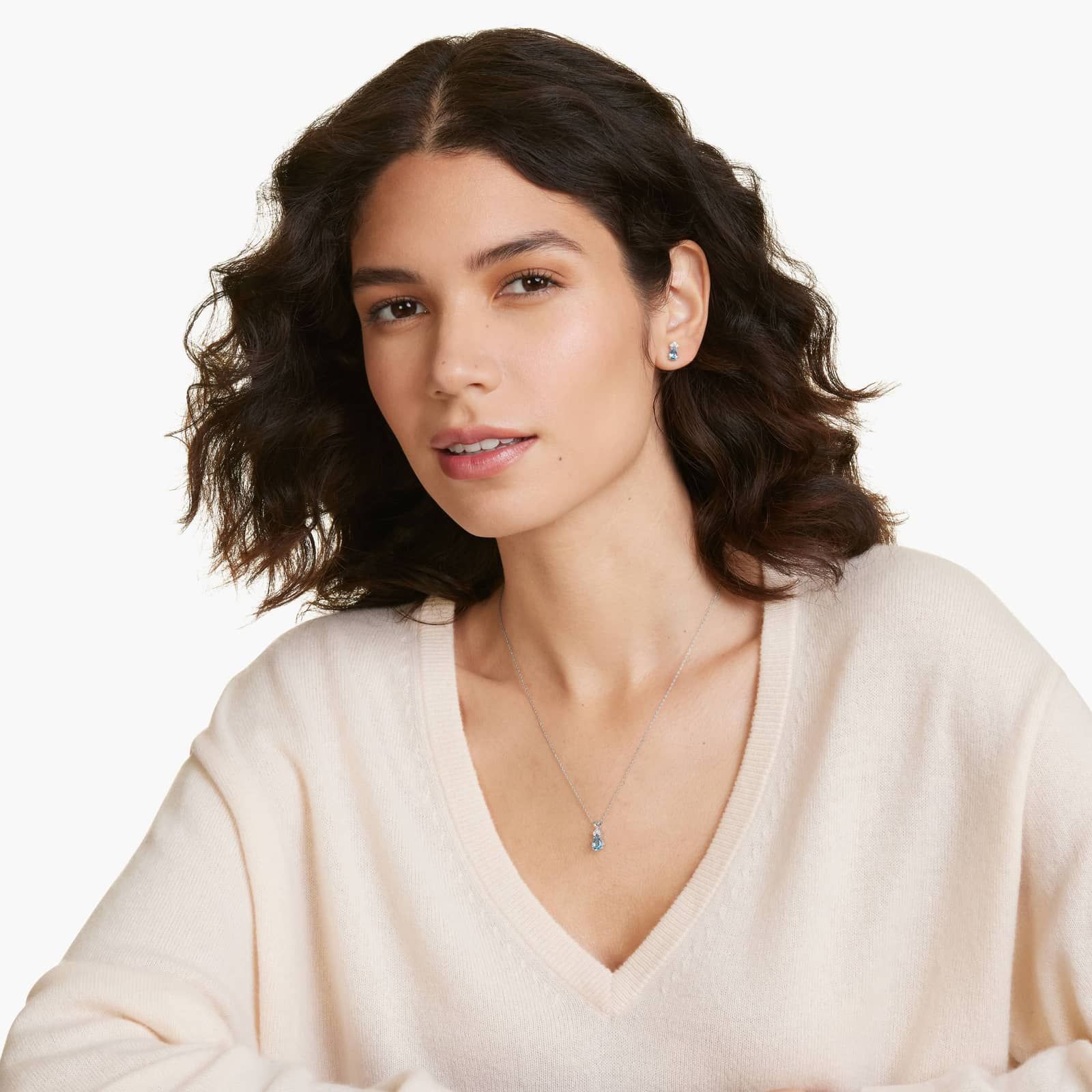 Pear Shape Swiss Blue Topaz And Tri-Diamond Stud Earrings In 14K White Gold