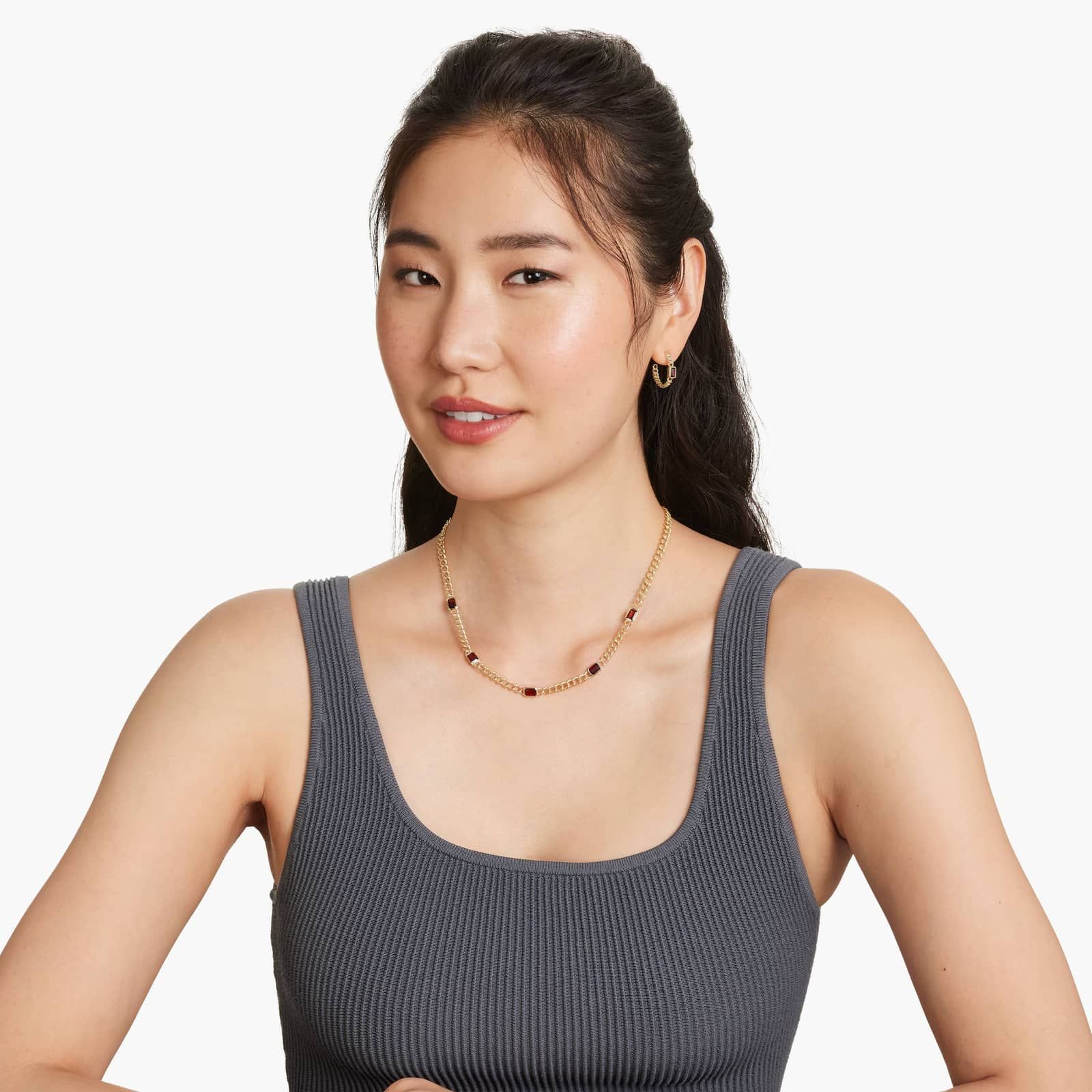 Radiant Reflections Garnet Curb Chain Hoop Earrings In 14K Yellow Gold