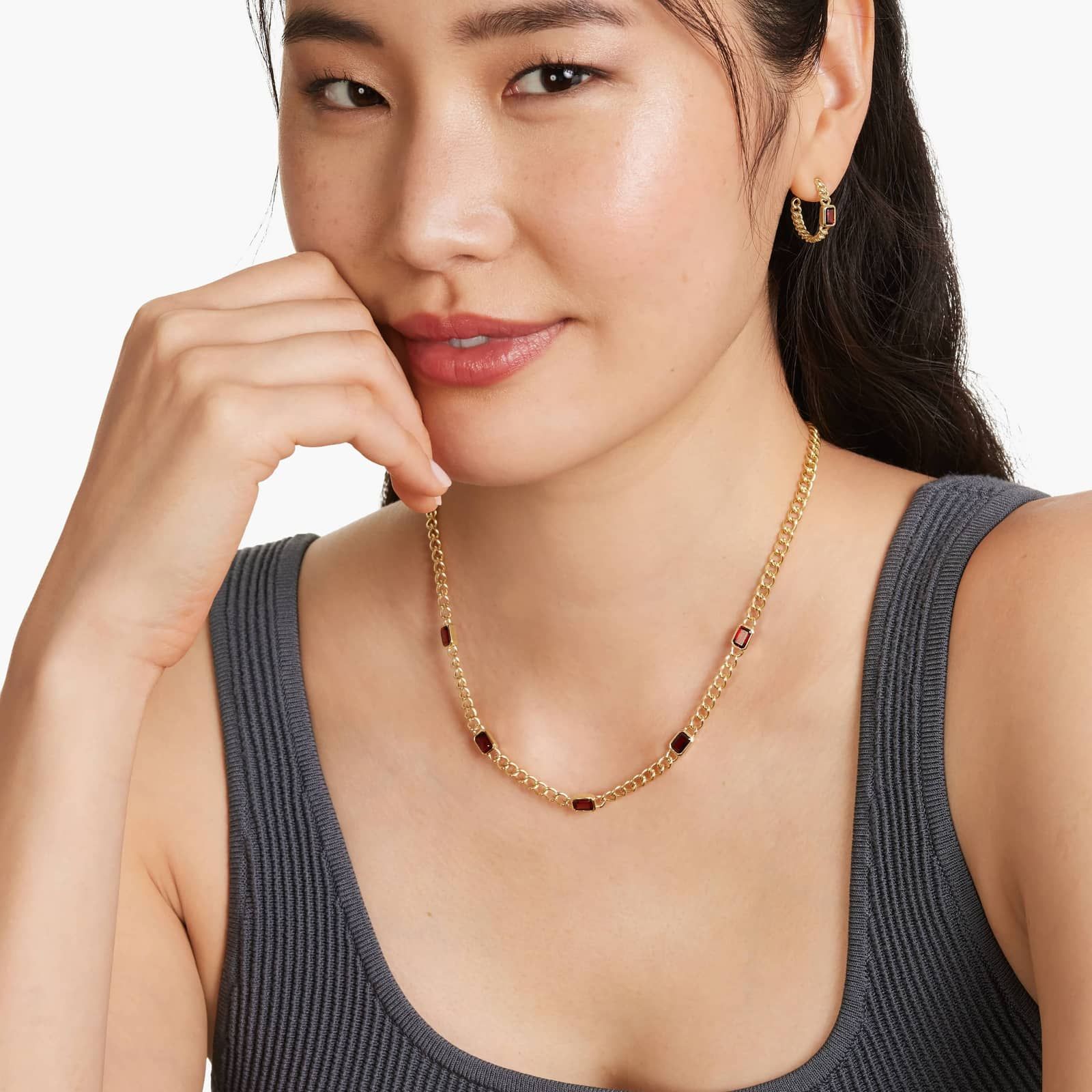 Radiant Reflections Garnet Curb Chain Hoop Earrings In 14K Yellow Gold