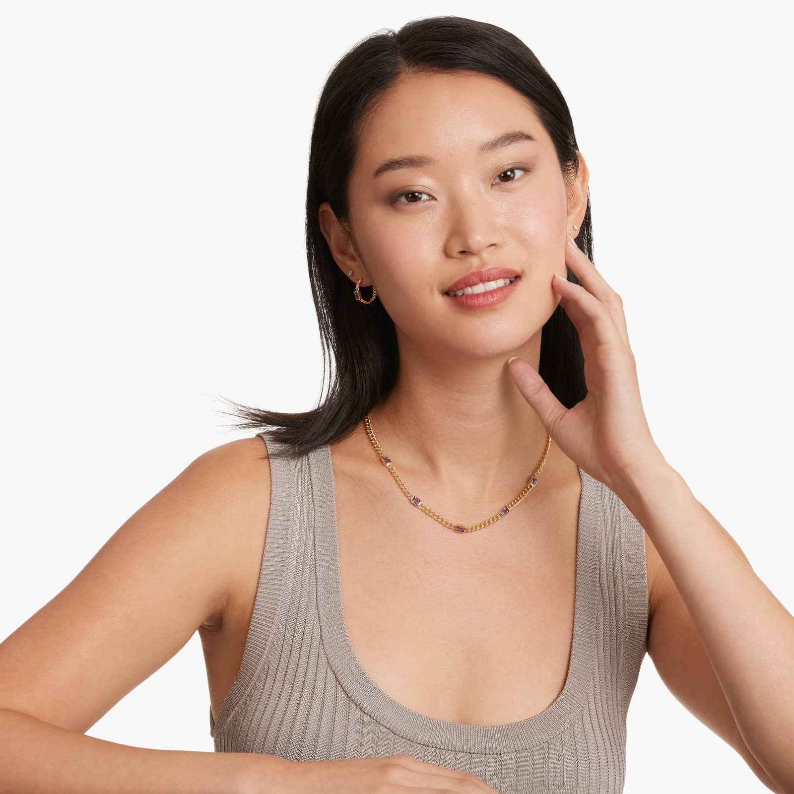 Radiant Reflections Amethyst Curb Chain Hoop Earrings In 14K Yellow Gold