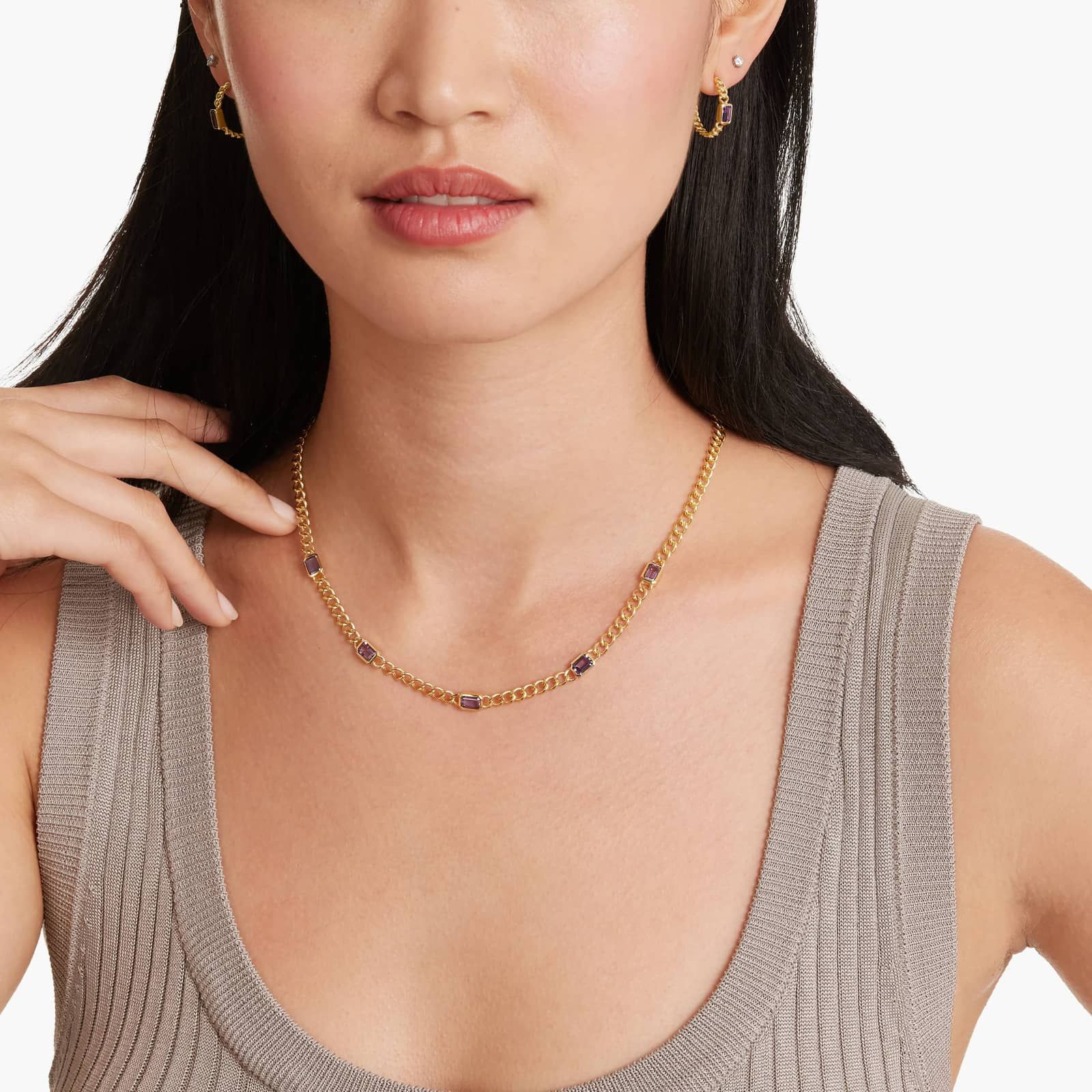 Radiant Reflections Amethyst Curb Chain Hoop Earrings In 14K Yellow Gold