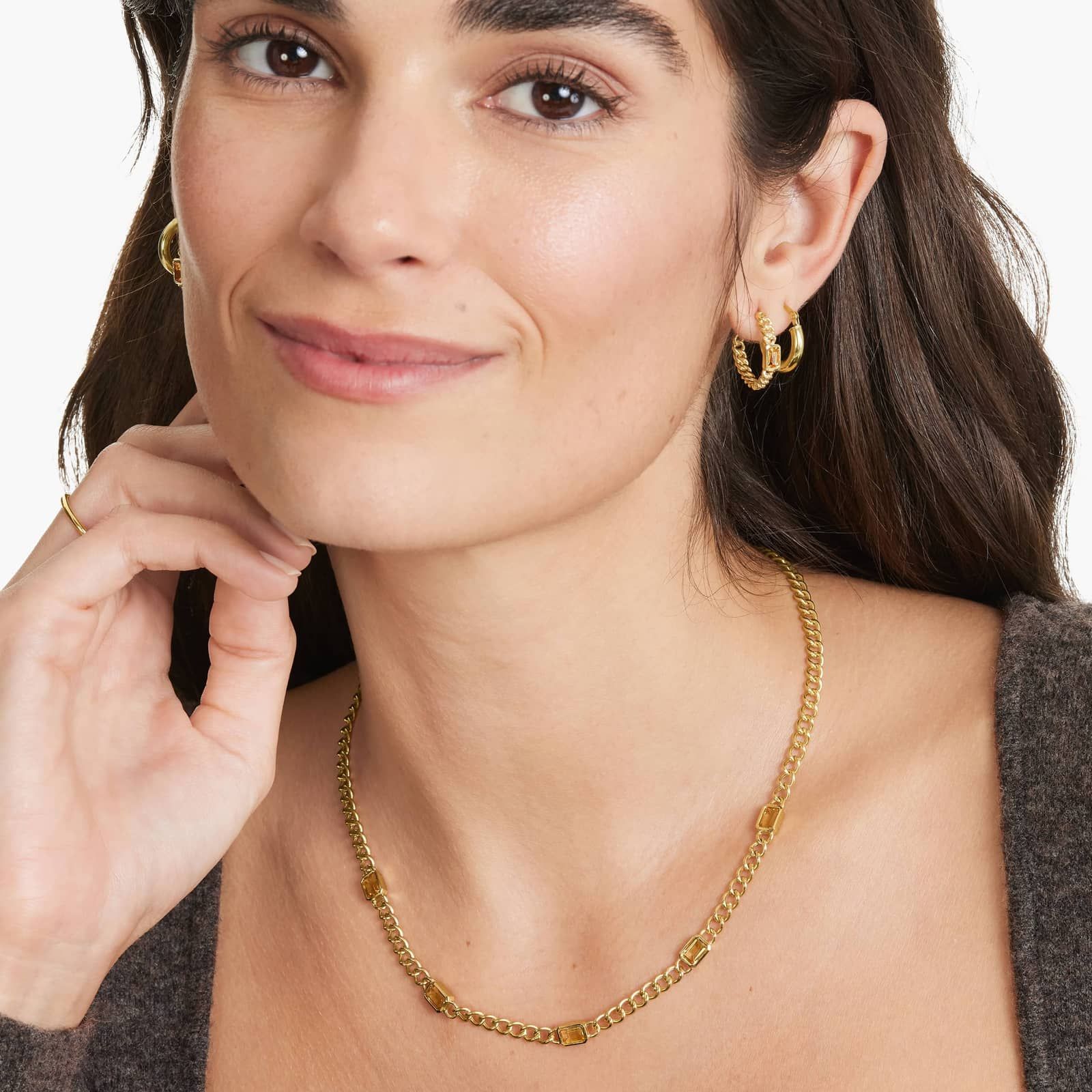 Radiant Reflections Citrine Curb Chain Hoop Earrings In 14K Yellow Gold