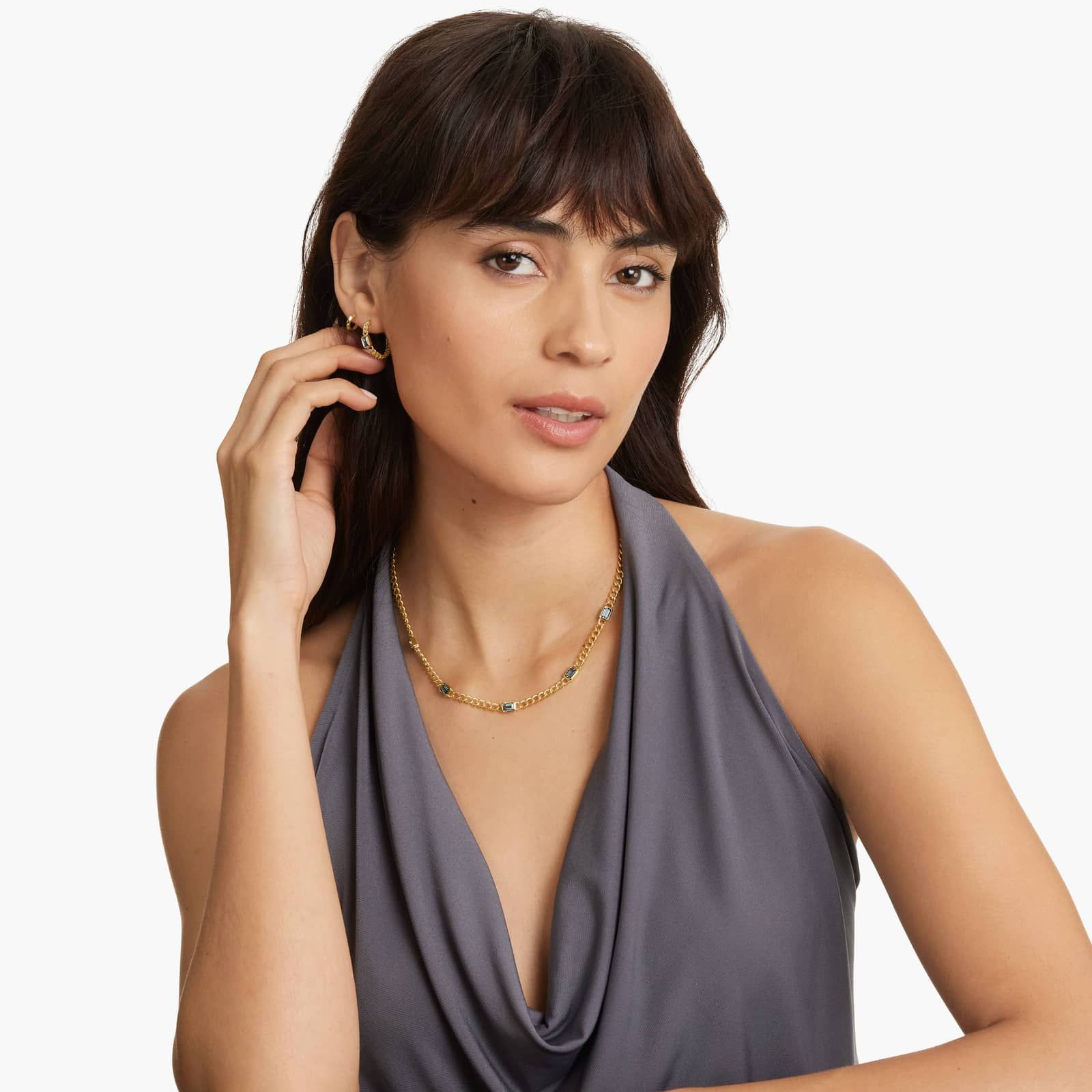 Radiant Reflections Blue Topaz Curb Chain Hoop Earrings In 14K Yellow Gold