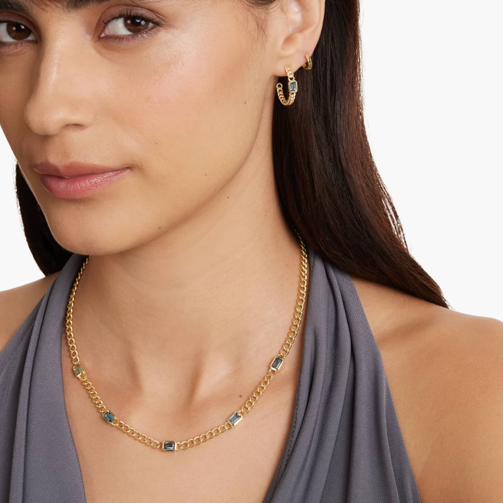 Radiant Reflections Blue Topaz Curb Chain Hoop Earrings In 14K Yellow Gold