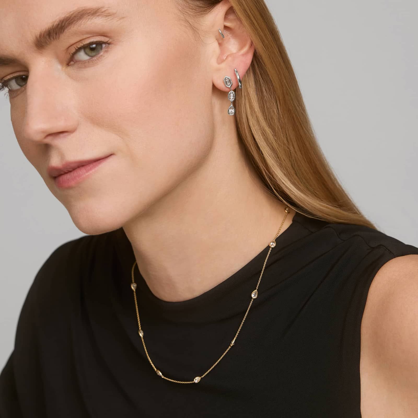 Mixed Shape Diamond Drop Earrings in 14K White Gold