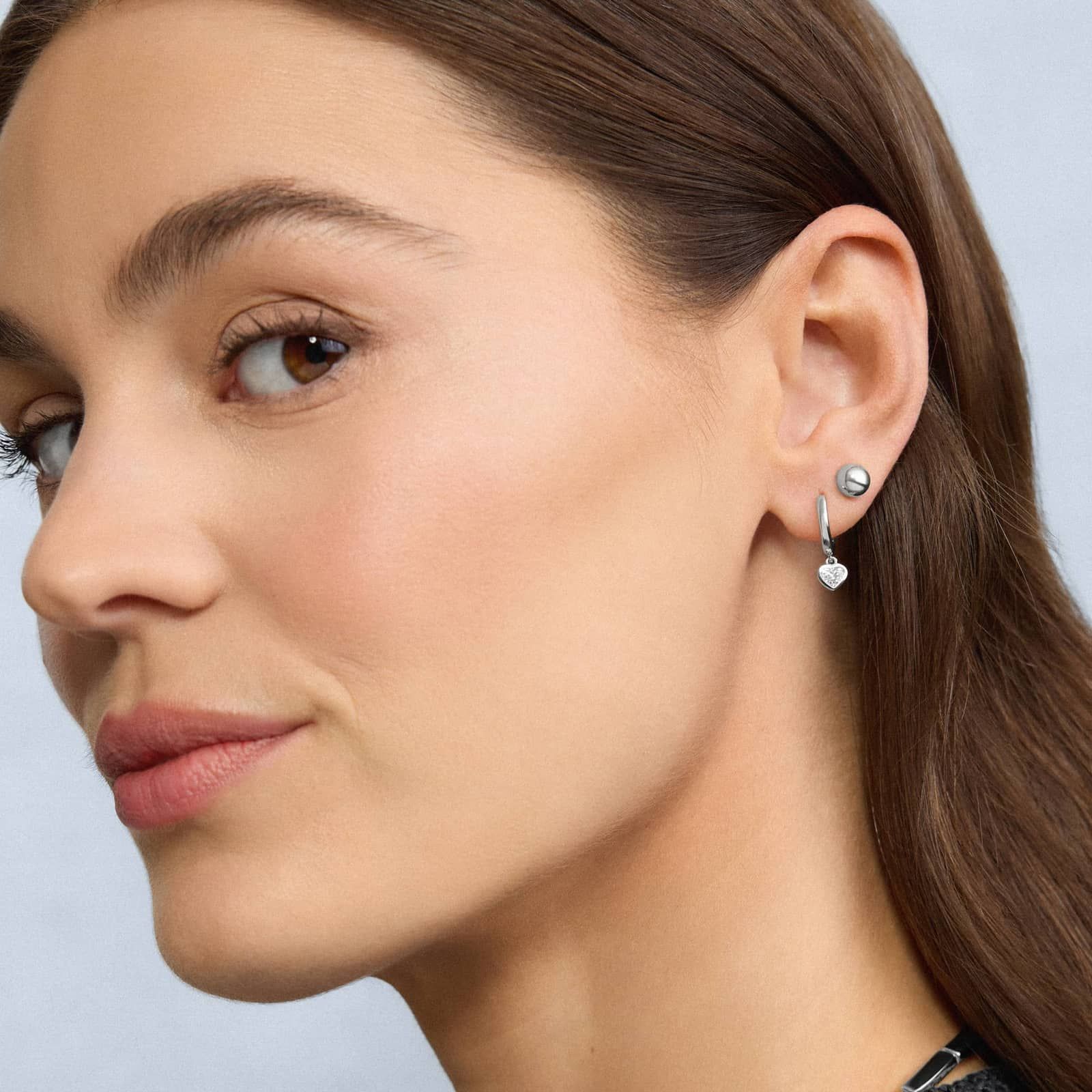 Heart Diamond Bezel Drop Huggie Earrings in 14K White Gold