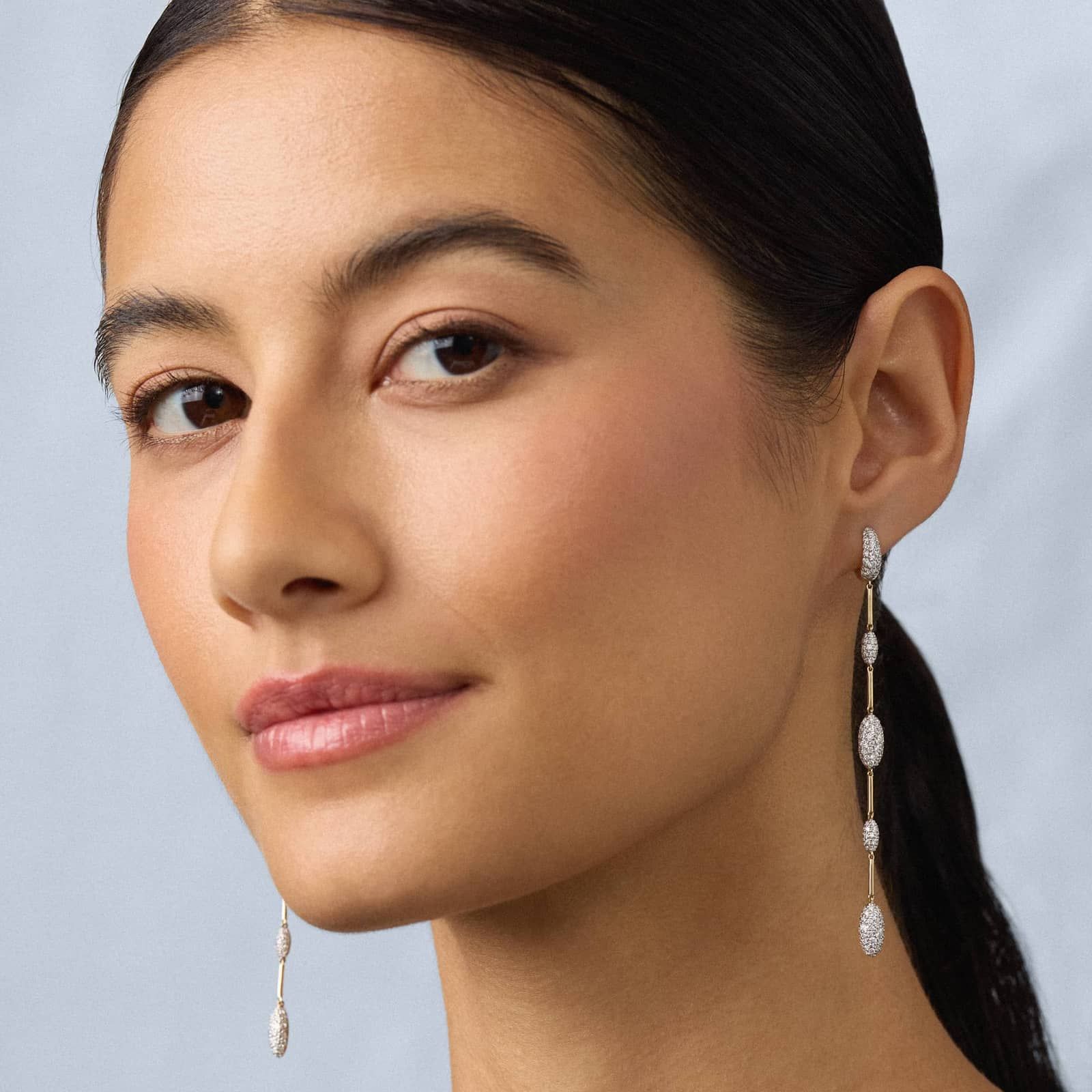Modern Pave Long Drop Earrings in 14K Yellow Gold With Diamonds