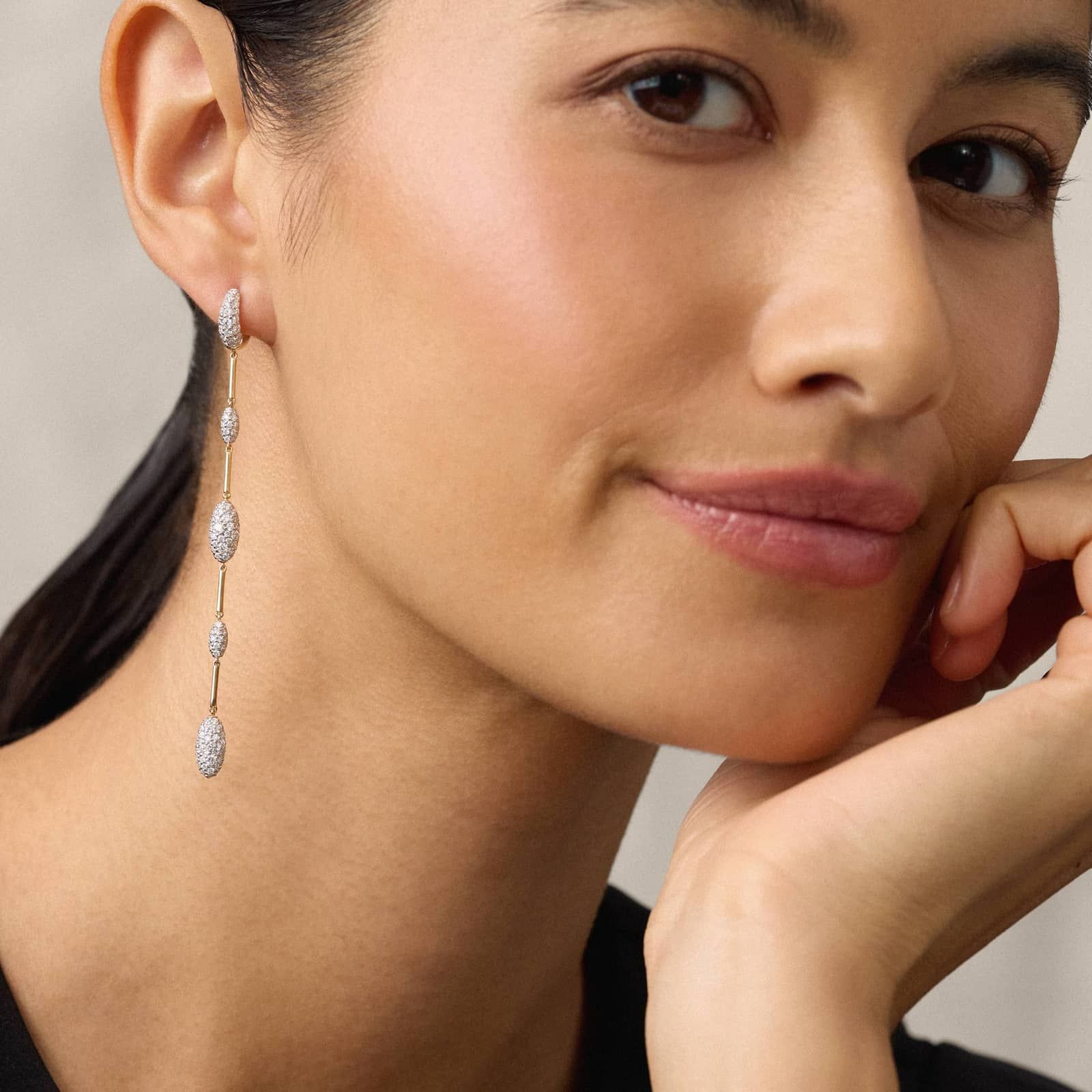 Modern Pave Long Drop Earrings in 14K Yellow Gold With Diamonds