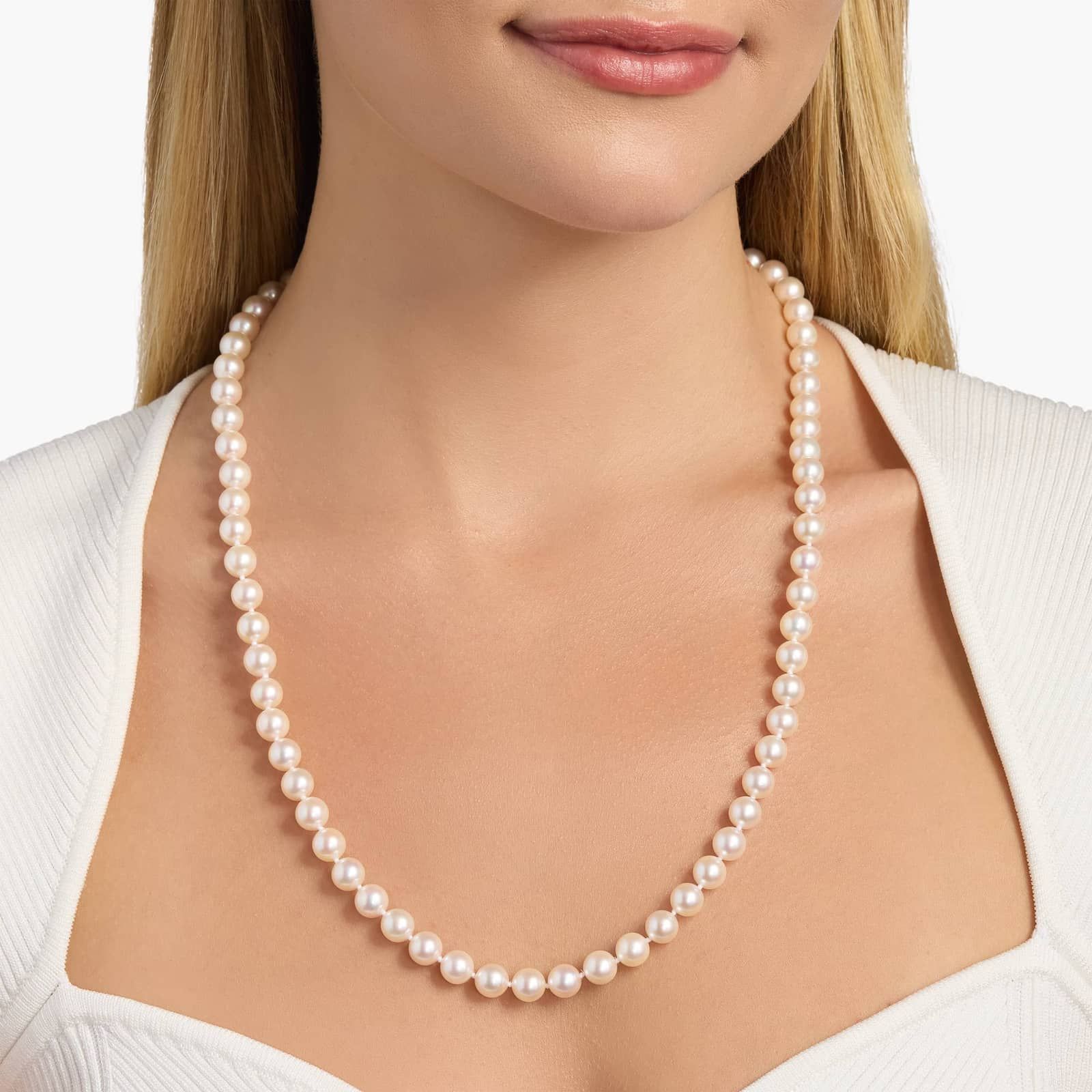 24" Classic Akoya Cultured Pearl Strand Necklace in 18k White Gold (7.5-8.0mm)