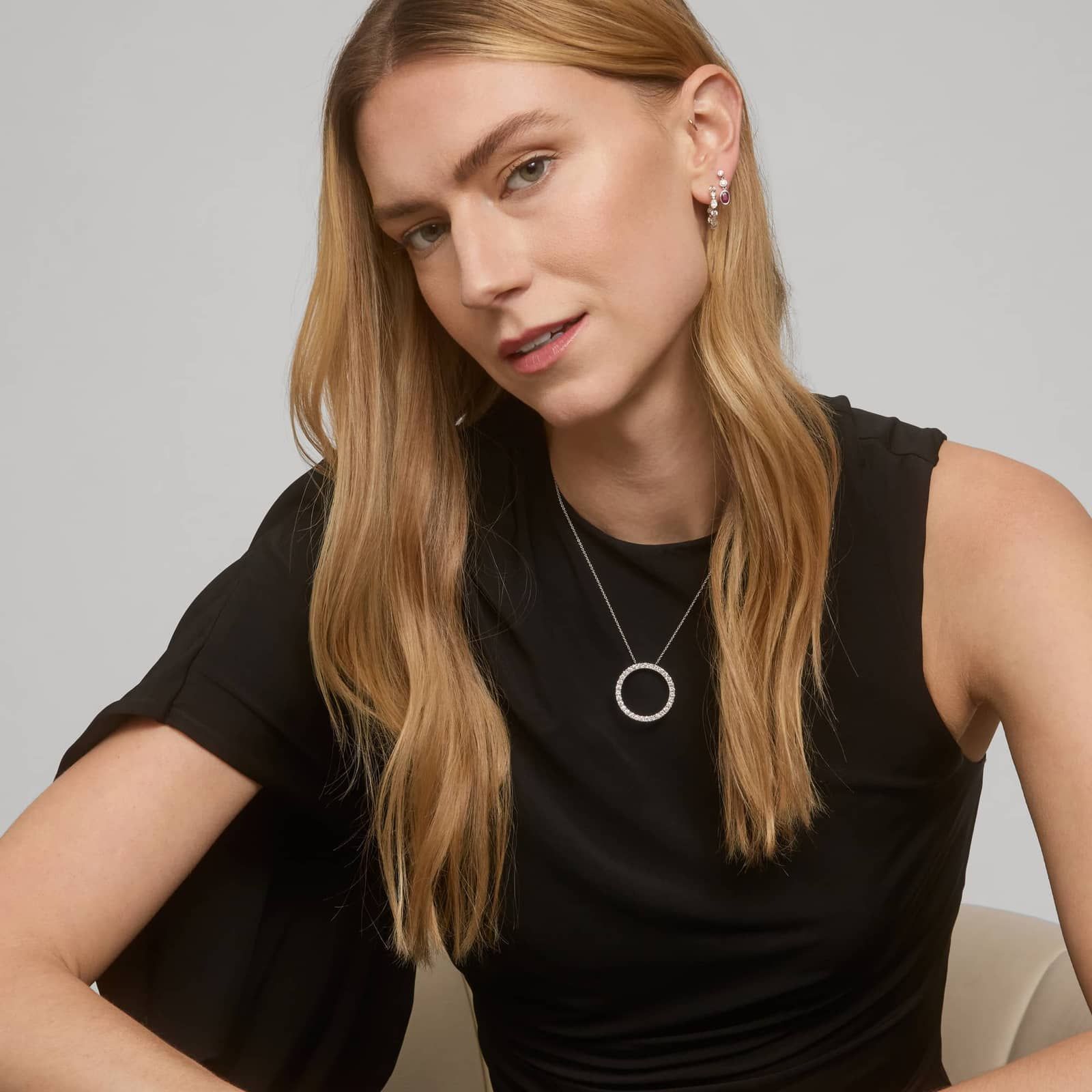 Riviera Pavé Diamond Circle Necklace with 2 CTW Round Cut Lab-Grown Diamonds in 14K White Gold