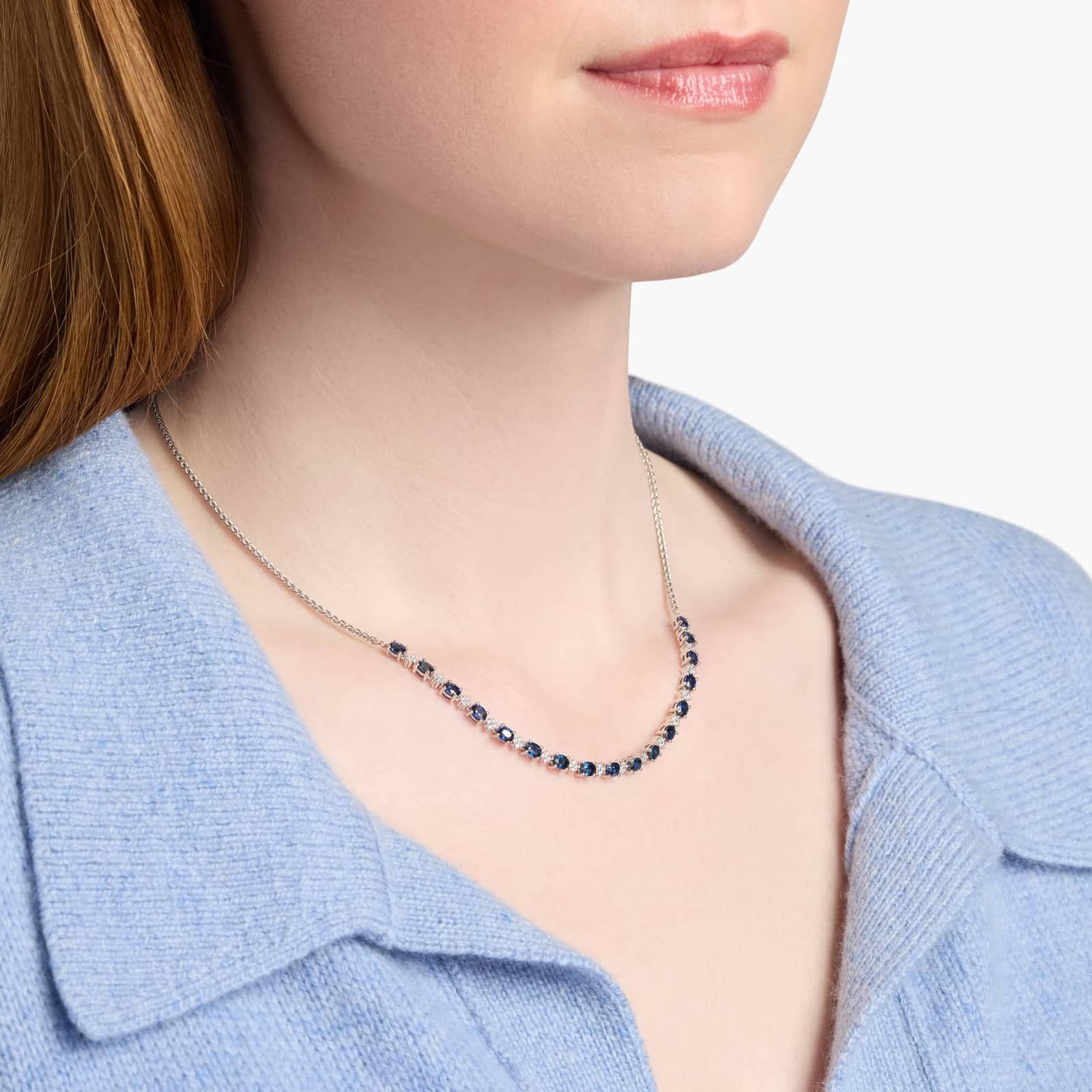 Oval Sapphire and Round Diamond Necklace in 14k White Gold