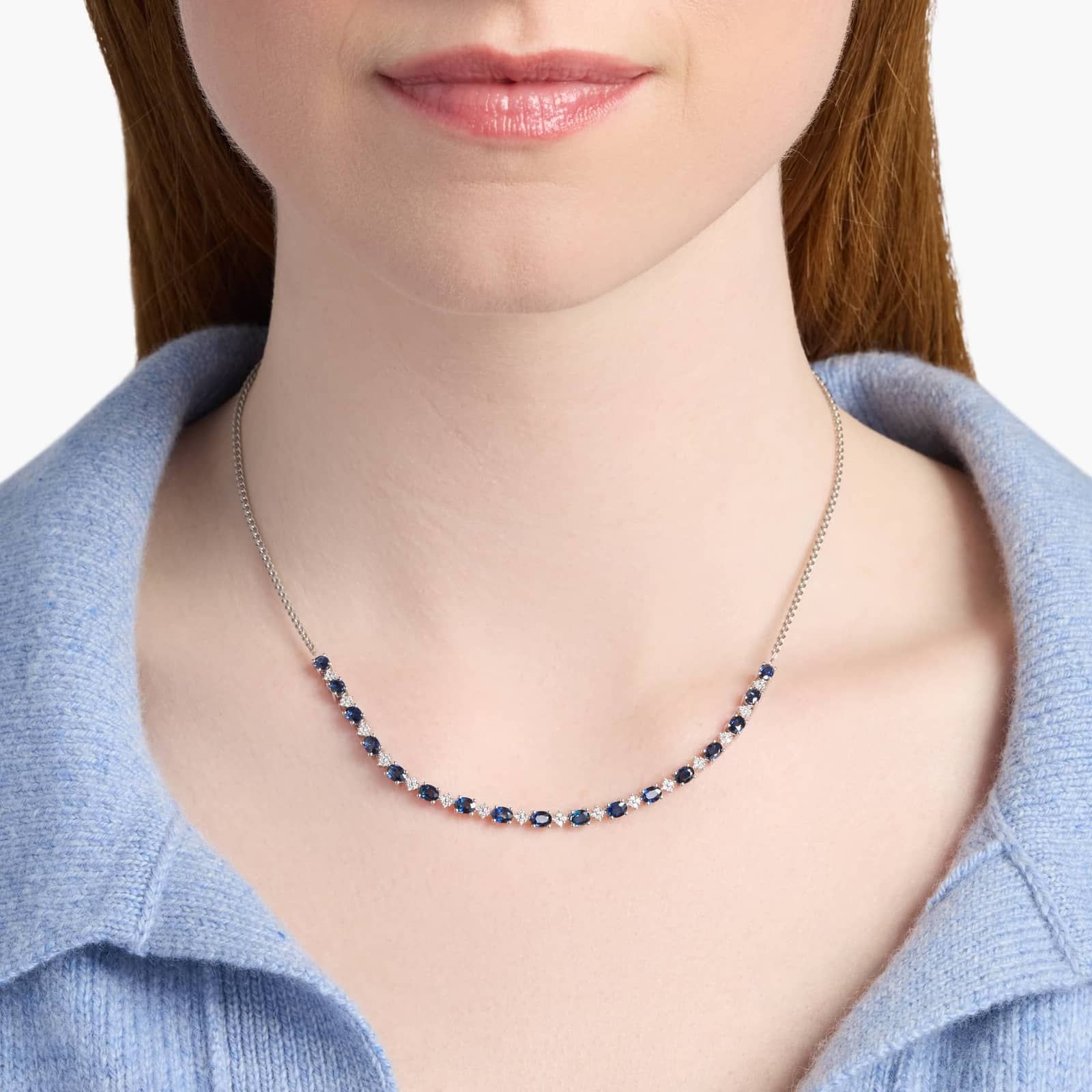 Oval Sapphire and Round Diamond Necklace in 14k White Gold