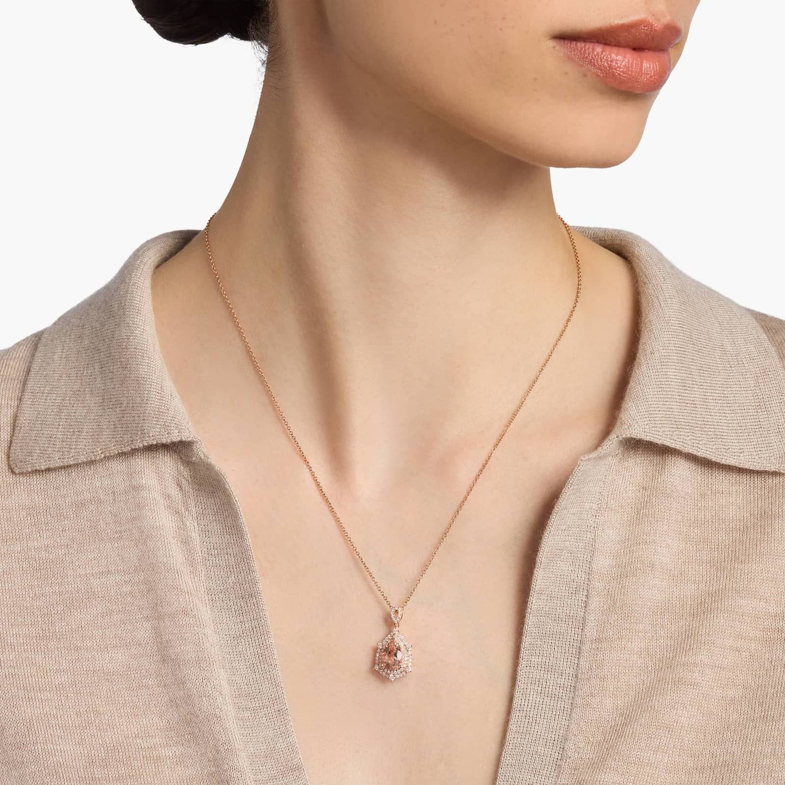 Pear Shaped Morganite and Diamond Double Halo Pendant in 14k Rose Gold