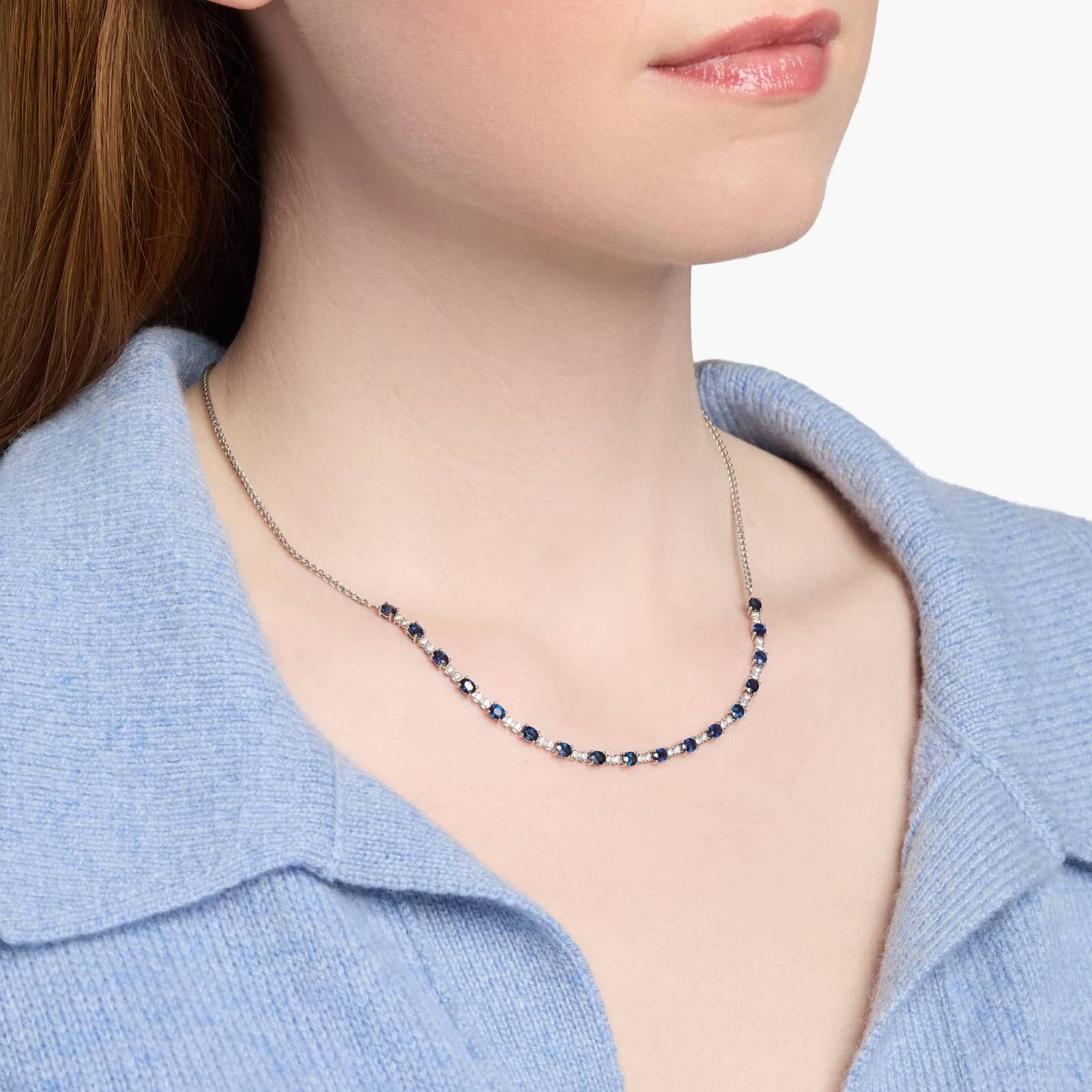 Oval Sapphire and Diamond Wheat Chain Necklace in 14k White Gold