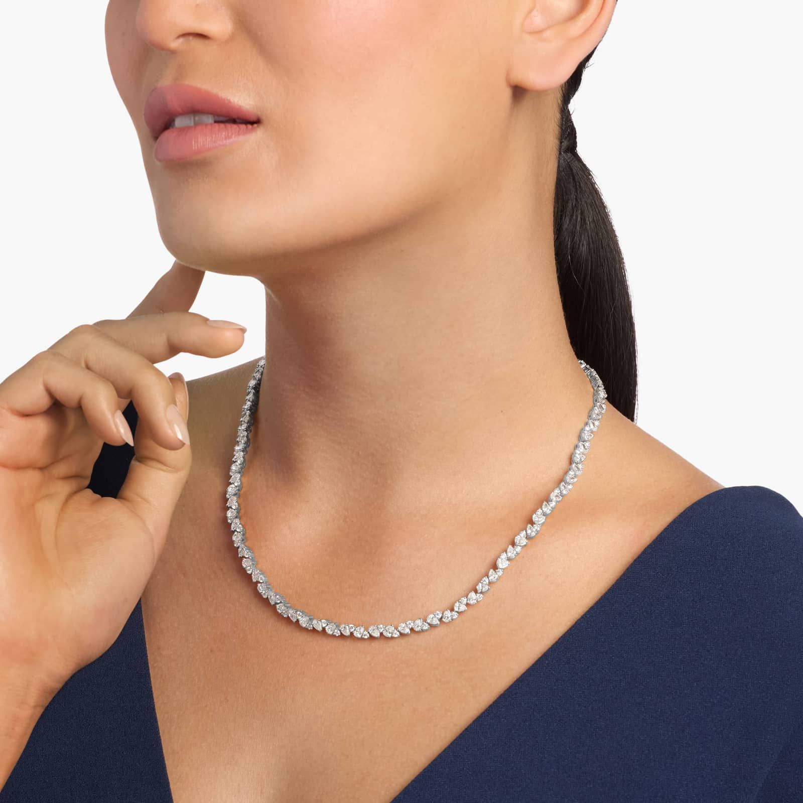 Lab Grown Alternating Pear and Round Diamond Fashion Eternity Necklace In 14k White Gold (14 1/3 Ct. Tw.)