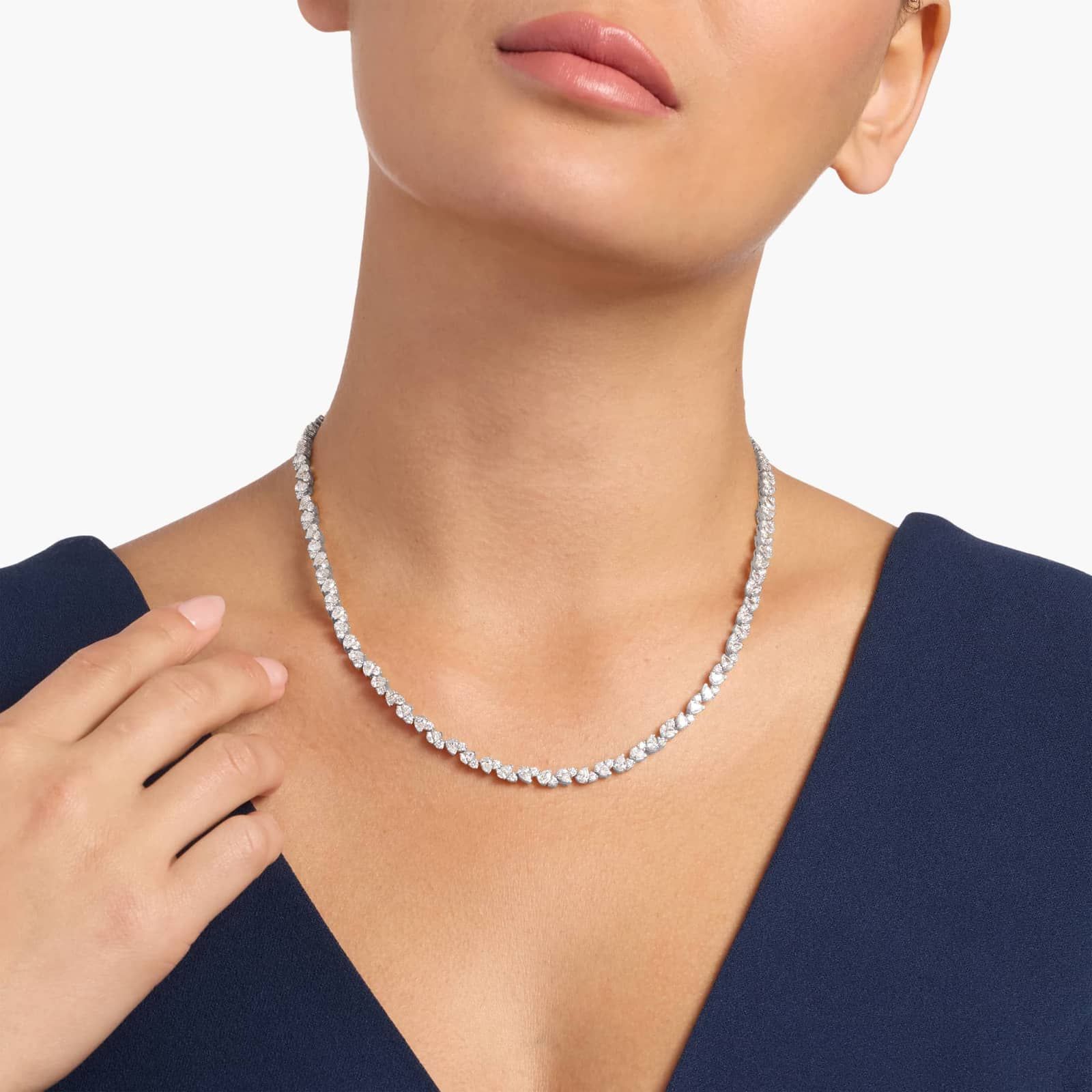 Lab Grown Alternating Pear and Round Diamond Fashion Eternity Necklace In 14k White Gold (14 1/3 Ct. Tw.)