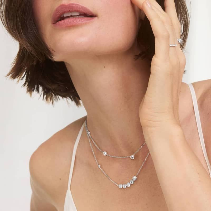 Lab-Grown Diamond Station Necklace With Bezel Settings In 14K White Gold