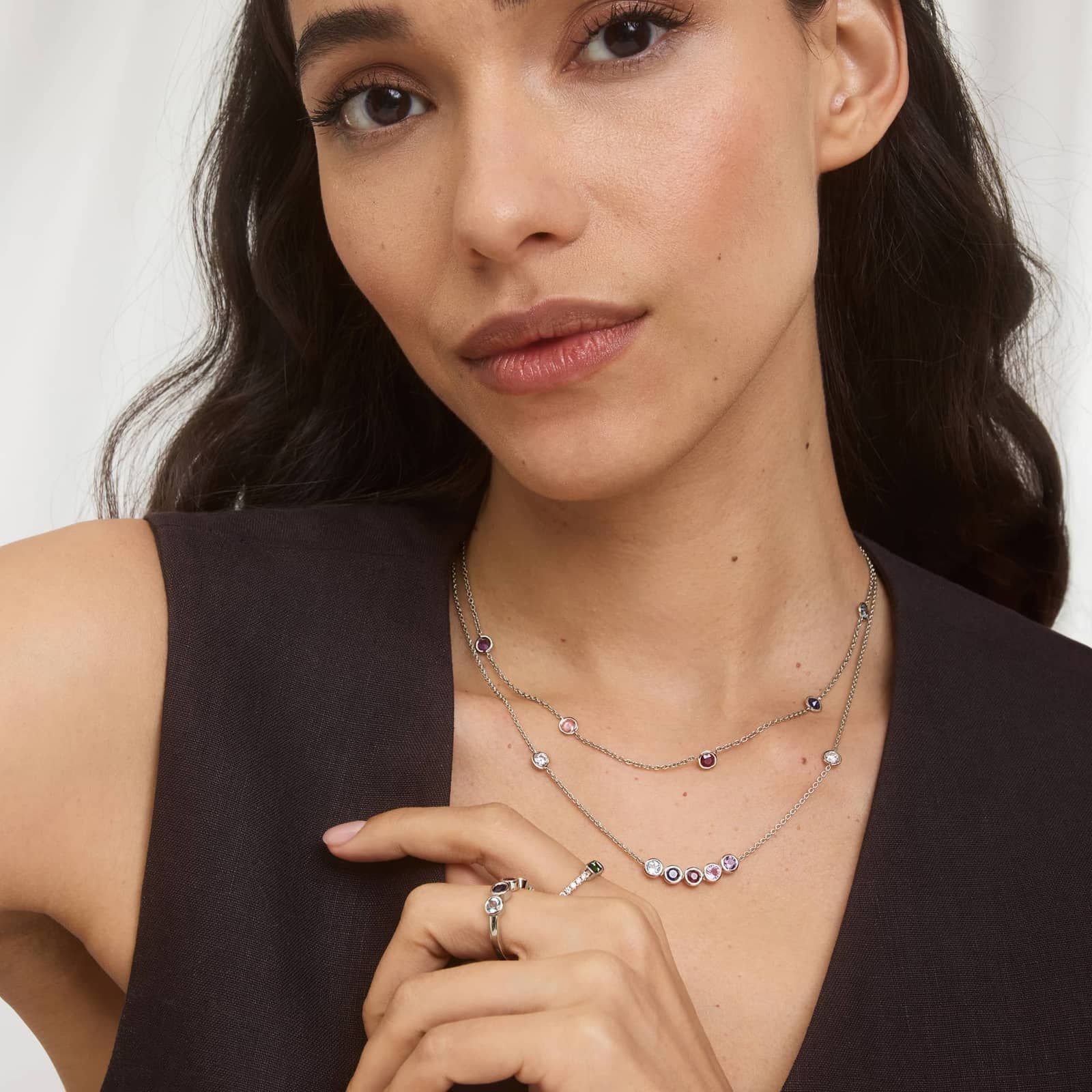 Personalized Round Cut Four Birthstone Station Necklace With Lab-Grown Diamonds In 14K White Gold