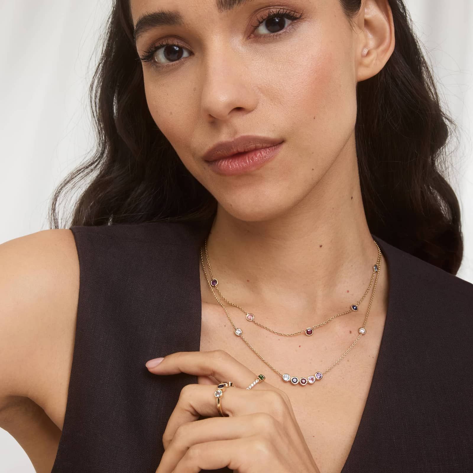 Personalized Round Cut Three Birthstone Station Necklace With Lab-Grown Diamonds In 14K Yellow Gold