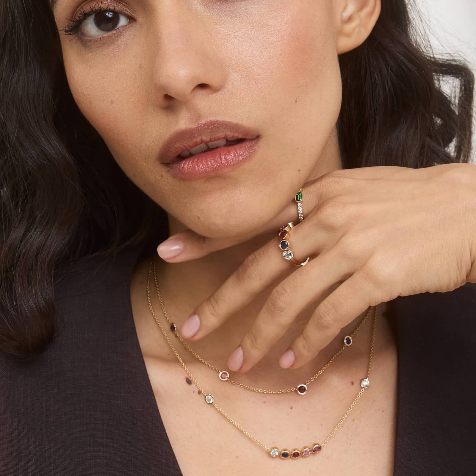 Personalized Round Cut Four Birthstone Station Necklace With Lab-Grown Diamonds In 14K Yellow Gold