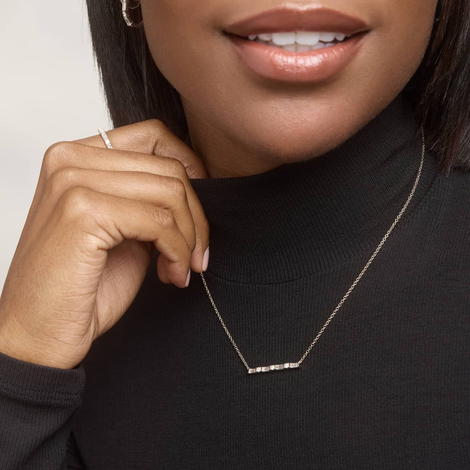 Diamond Bar Necklace With 0.75 CTW Round And Baguette Cut Lab-Grown Diamonds in 14K White Gold