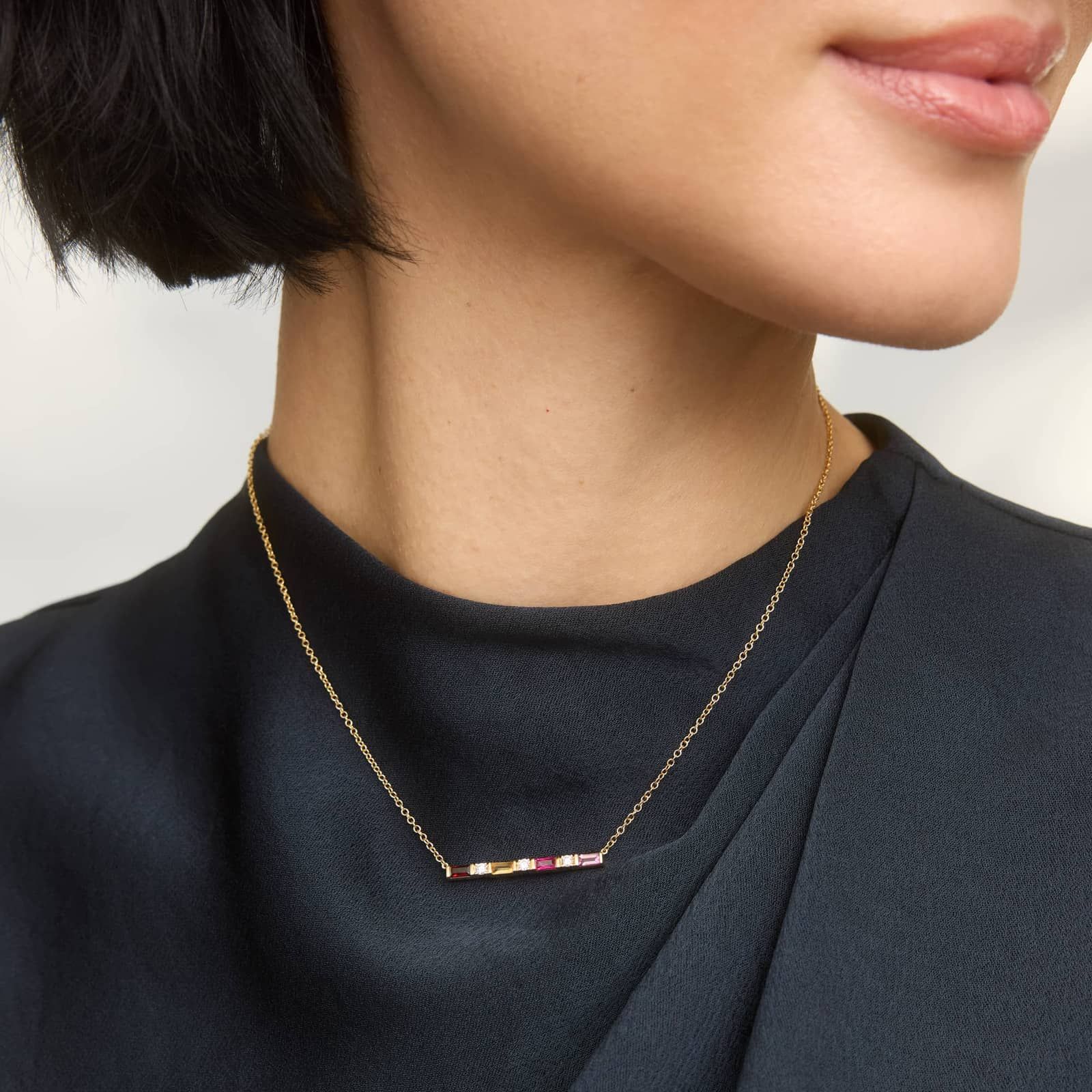 Personalized Baguette Cut Single Birthstone Bar Necklace With Lab-Grown Diamonds In 14K Yellow Gold