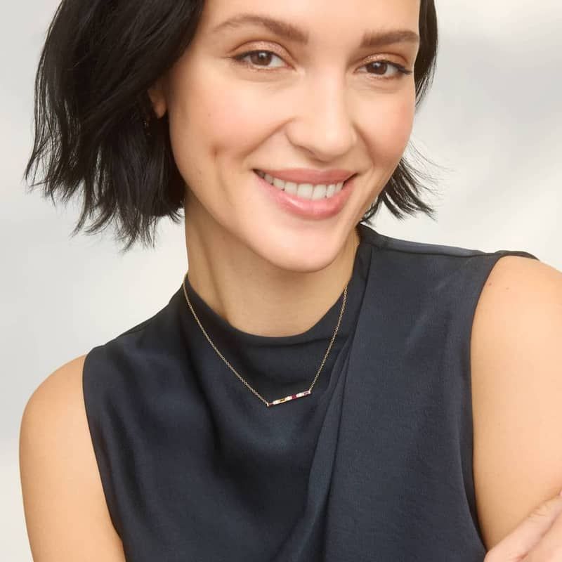 Personalized Baguette Cut Two Birthstone Bar Necklace With Lab-Grown Diamonds In 14K Yellow Gold