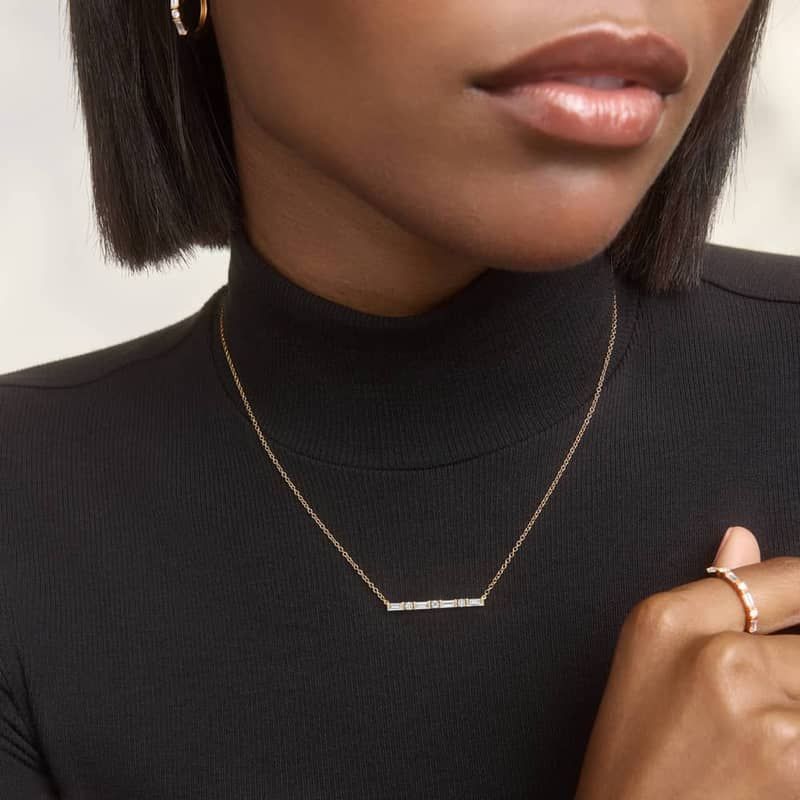 Diamond Bar Necklace With 0.75 CTW Round And Baguette Cut Lab-Grown Diamonds in 14K Yellow Gold