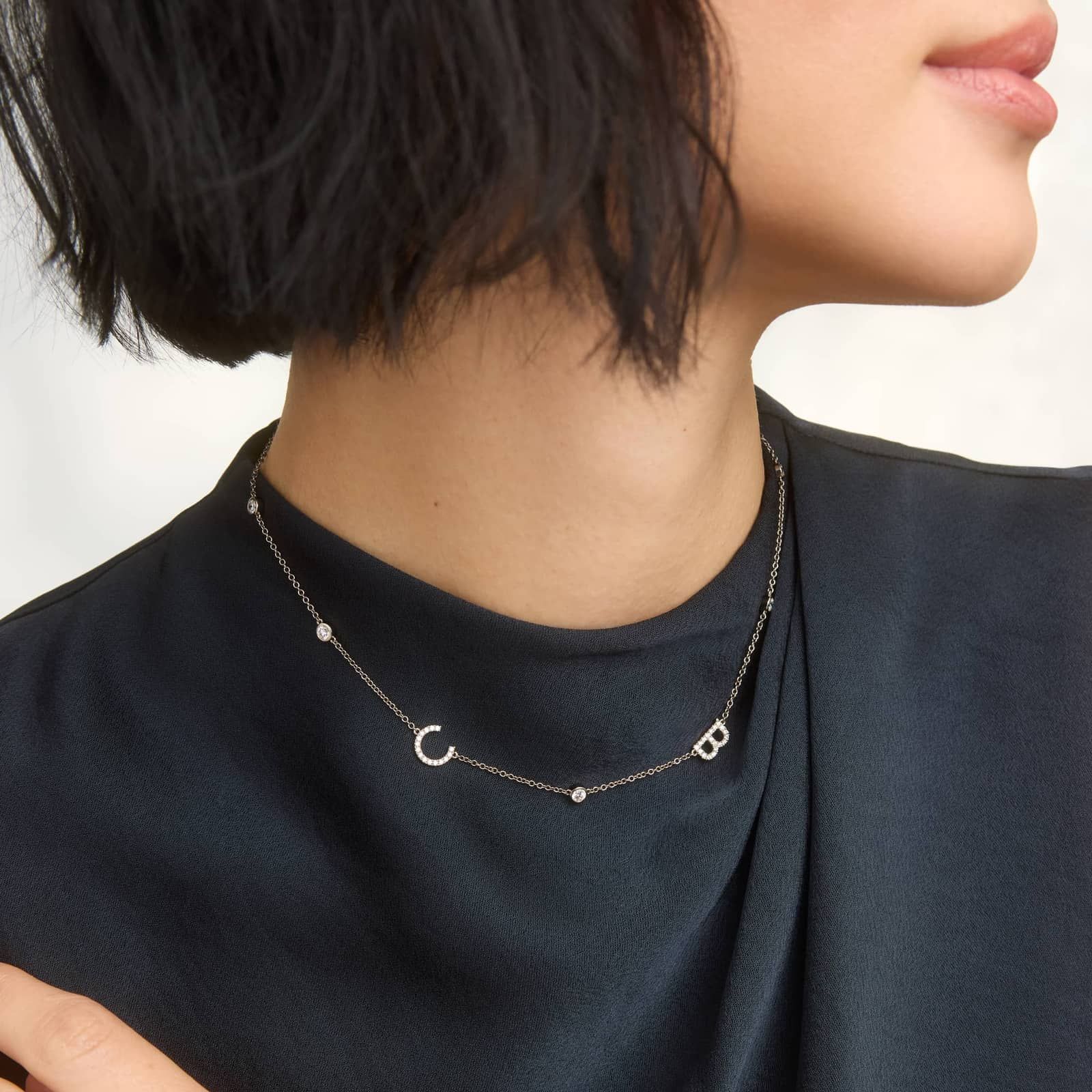 Personalized Station Two Initial Necklace With Lab-Grown Diamonds In 14K White Gold