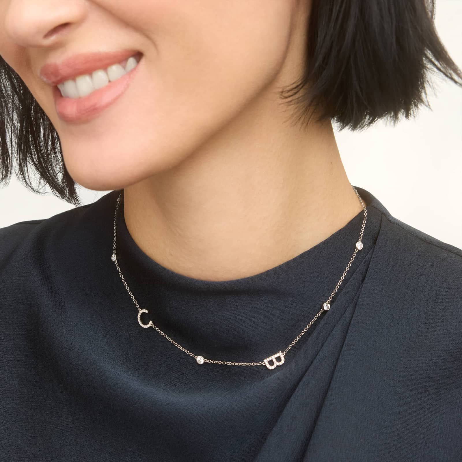 Personalized Station Two Initial Necklace With Lab-Grown Diamonds In 14K White Gold