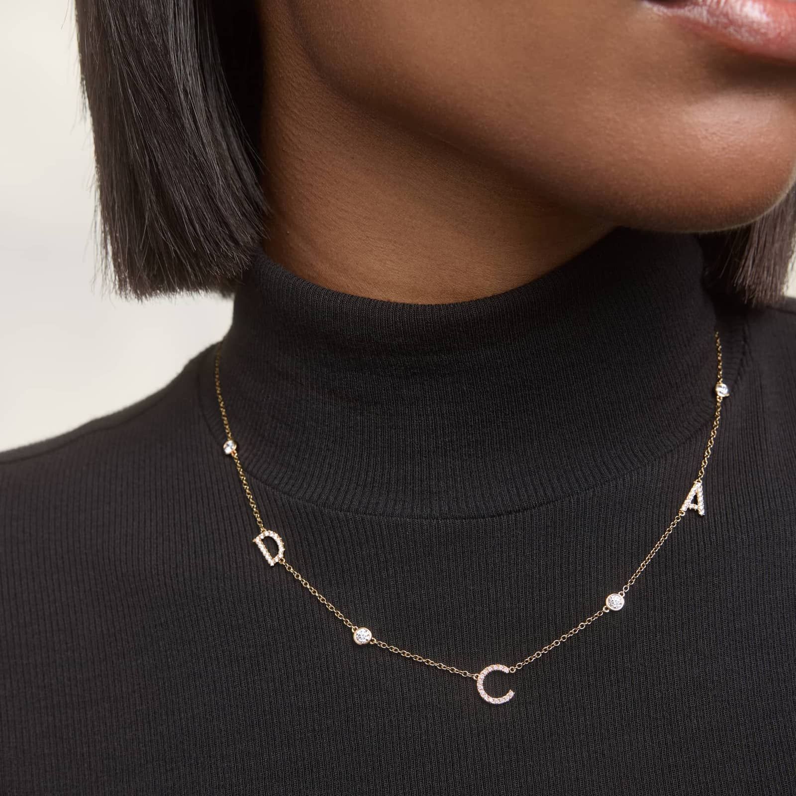 Personalized Station Three Initial Necklace With Lab-Grown Diamonds In 14K Yellow Gold