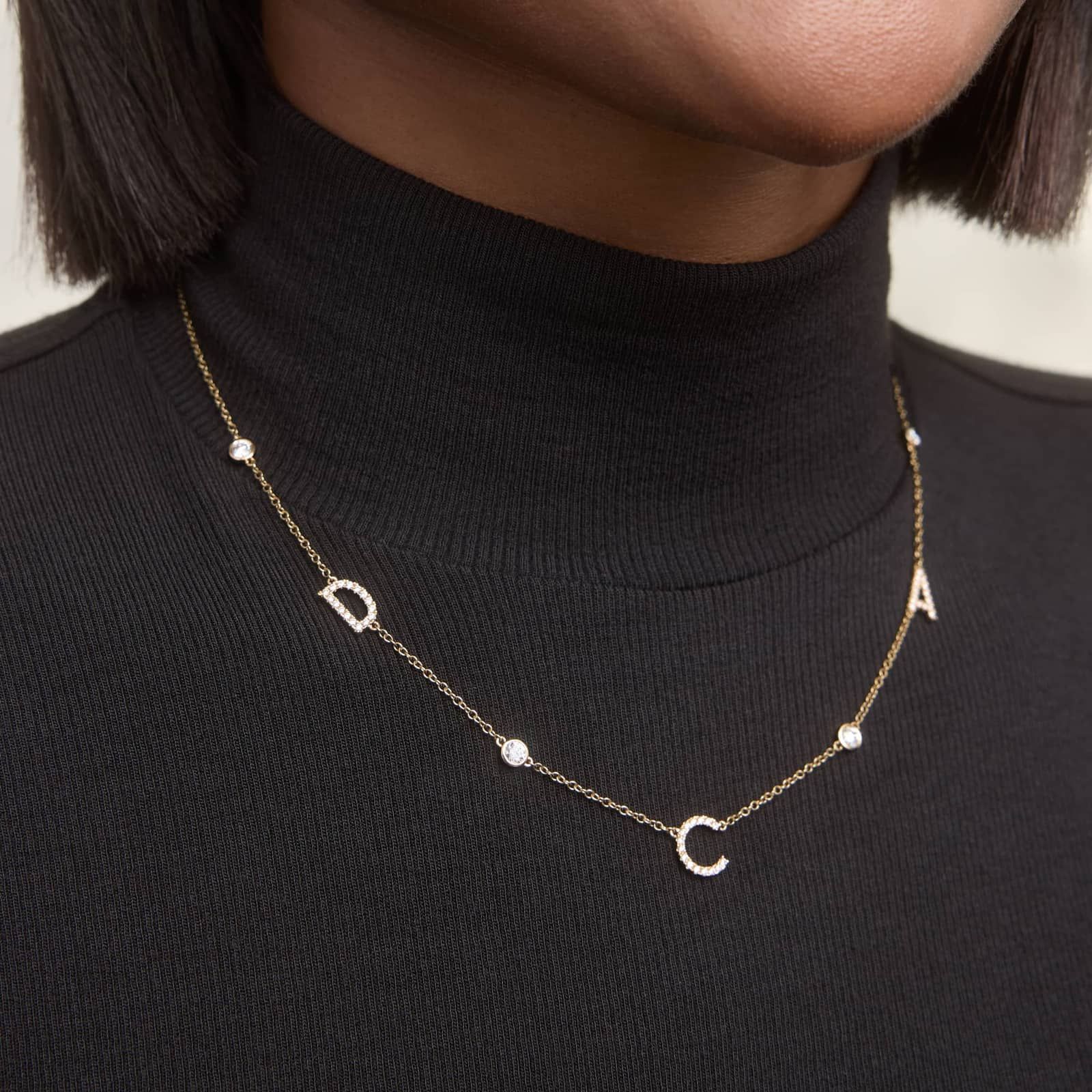 Personalized Station Three Initial Necklace With Lab-Grown Diamonds In 14K Yellow Gold