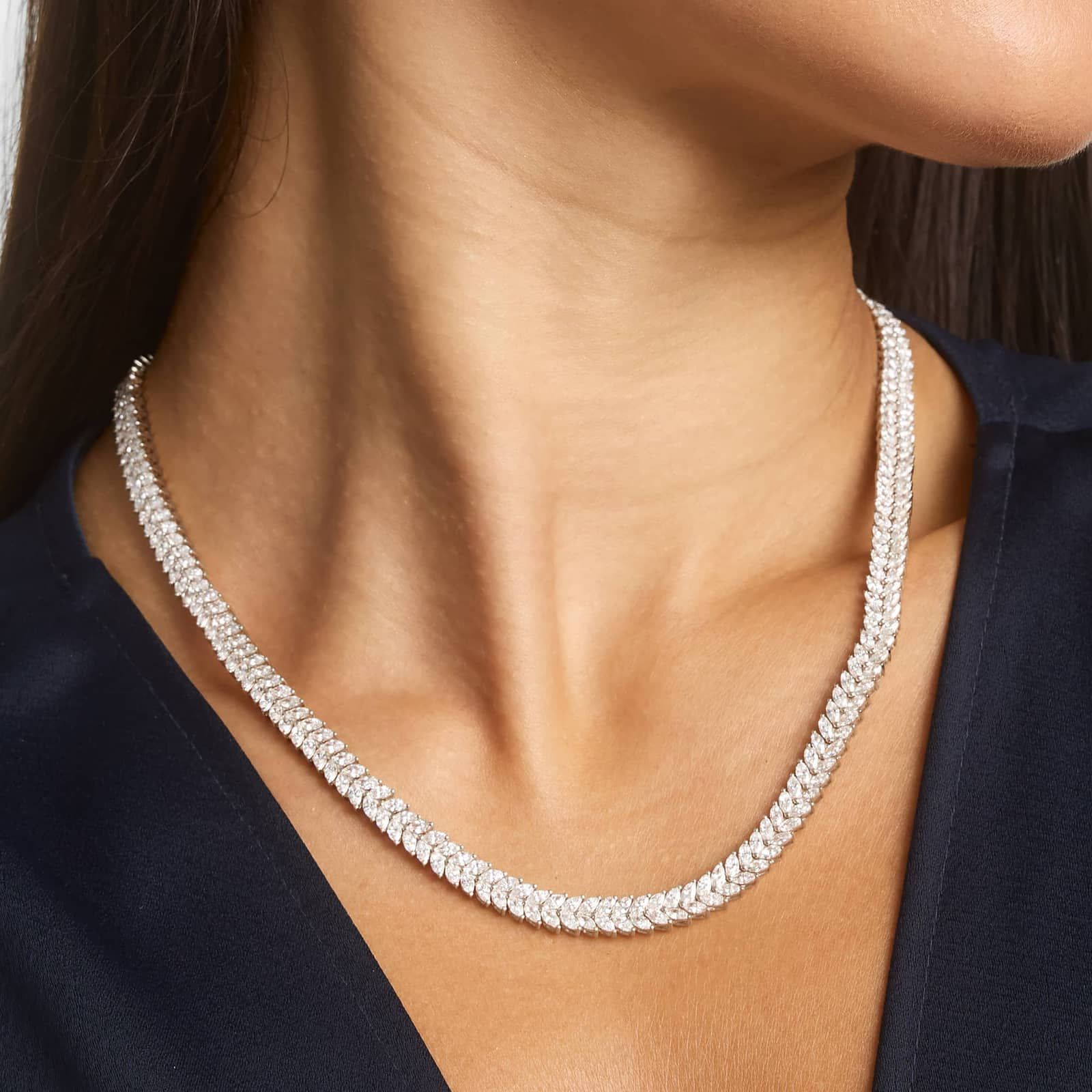 Two Row Tennis Necklace With 18.85 CTW Marquise Cut Lab-Grown Diamonds In 14K White Gold