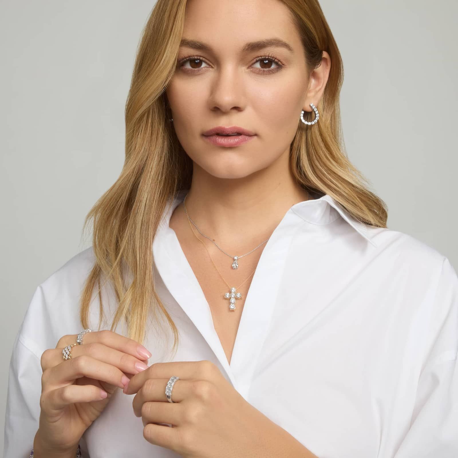 Diamond Drop Necklace with 1.25 CTW Round and Pear Shaped Lab-Grown Diamonds in 14K White Gold