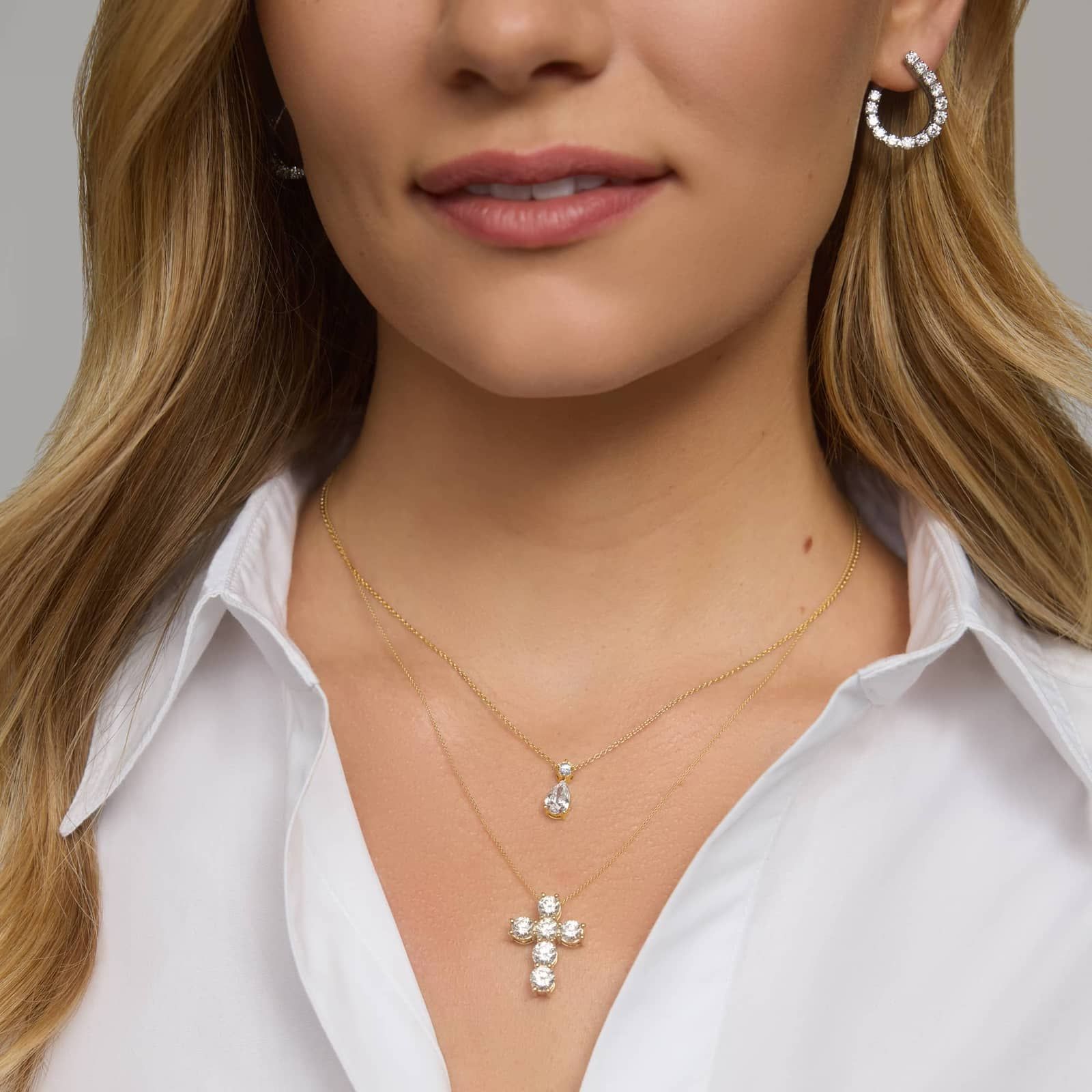 Diamond Drop Necklace with 1.25 CTW Round and Pear Shaped Lab-Grown Diamonds in 14K Yellow Gold