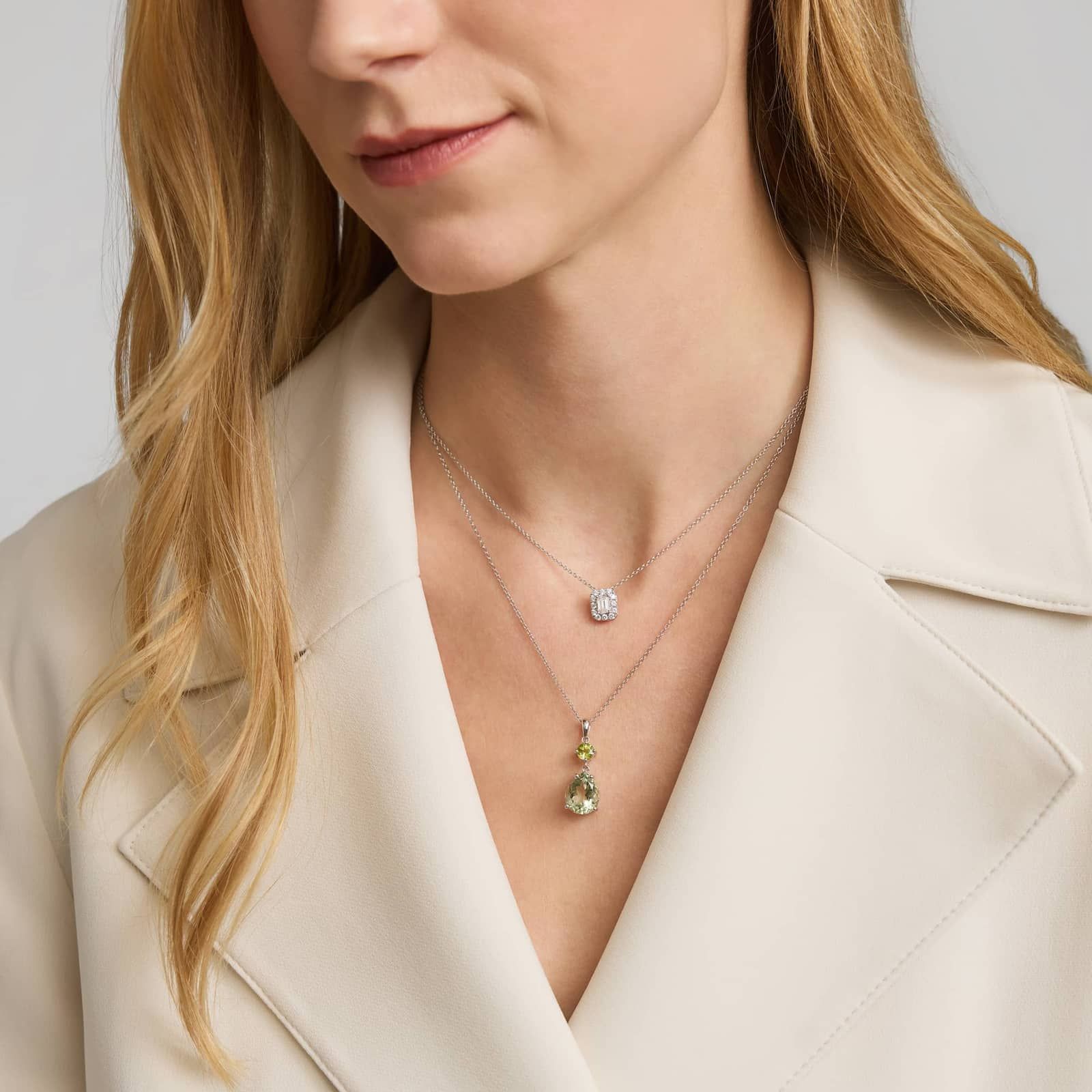 Emerald Shaped Diamond Halo Pendant with 0.75 CTW Emerald and Round Cut Lab-Grown Diamonds in 14K White Gold